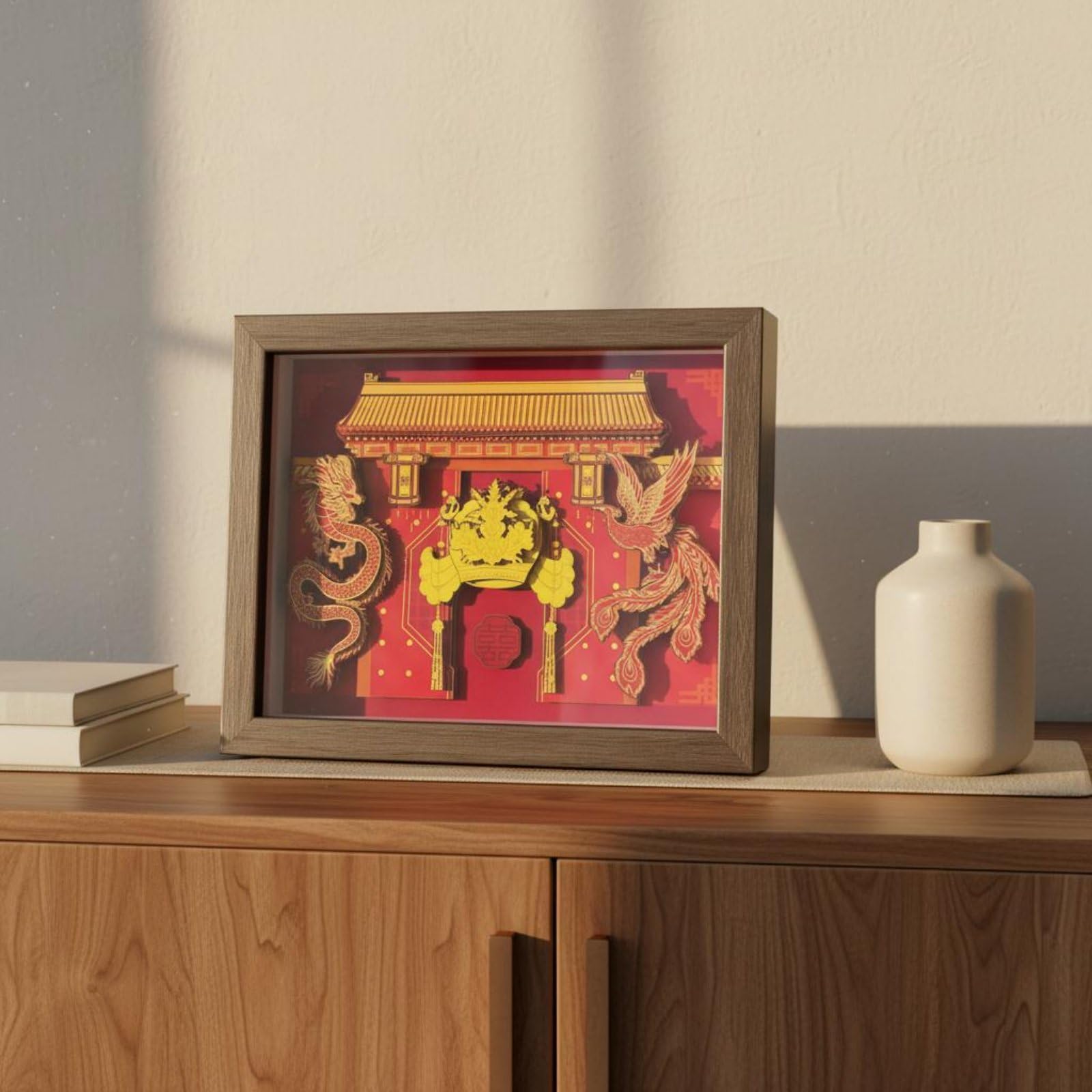 Qianly Traditionelle Papierkunst Papiermotiv Bilderrahmen Objekt Tischschmuck Ornamentschnitt mit Ausdrucksstarkem Tiefeneffekt für Hochzeit Verlobung Feier Geschenk Wohnraum Büro
