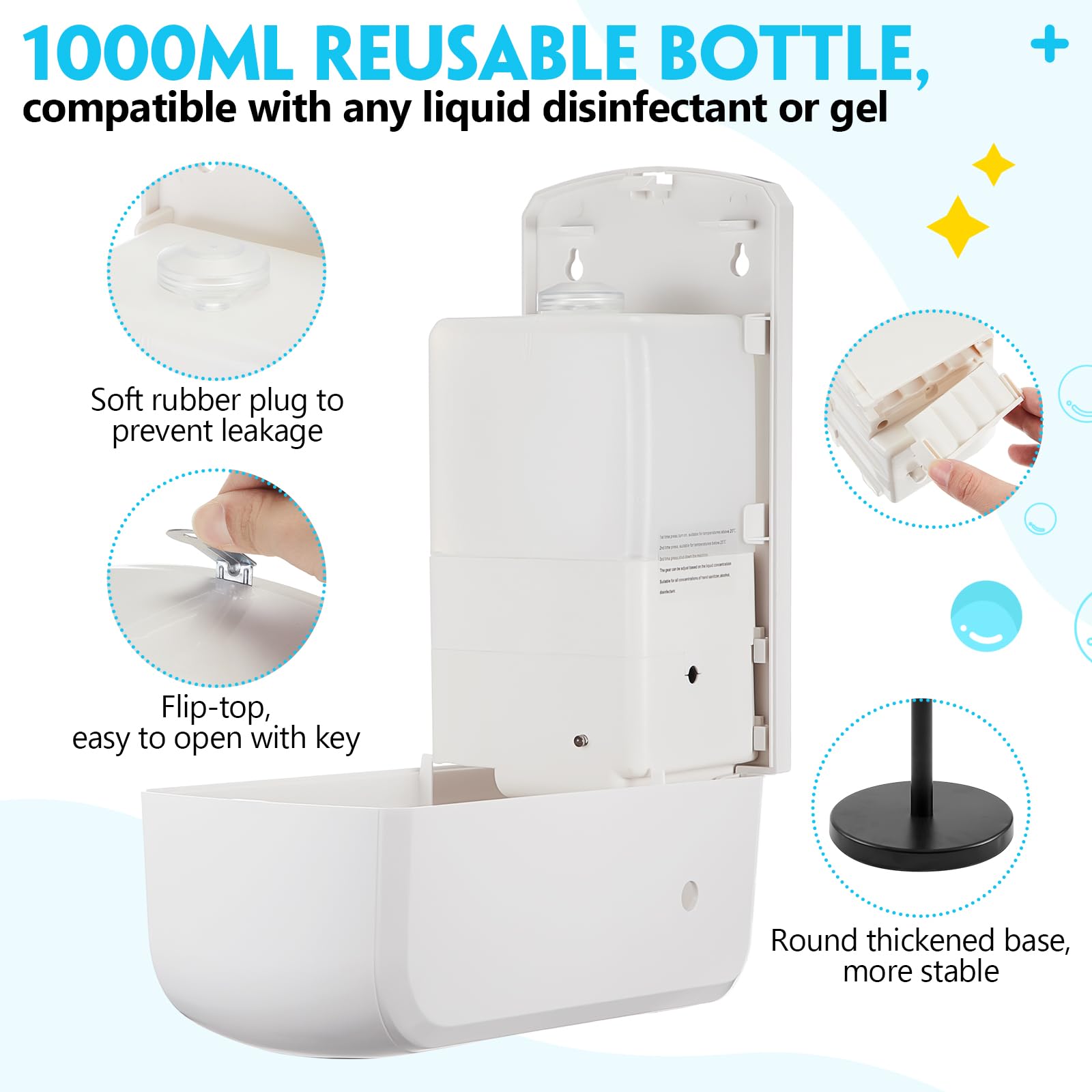 Blulu Paquete de 2 dispensadores automáticos de desinfectante de manos/jabón, dispensador de jabón con sensor automático sin contacto blanco y estación de desinfección de soporte negro con soporte de