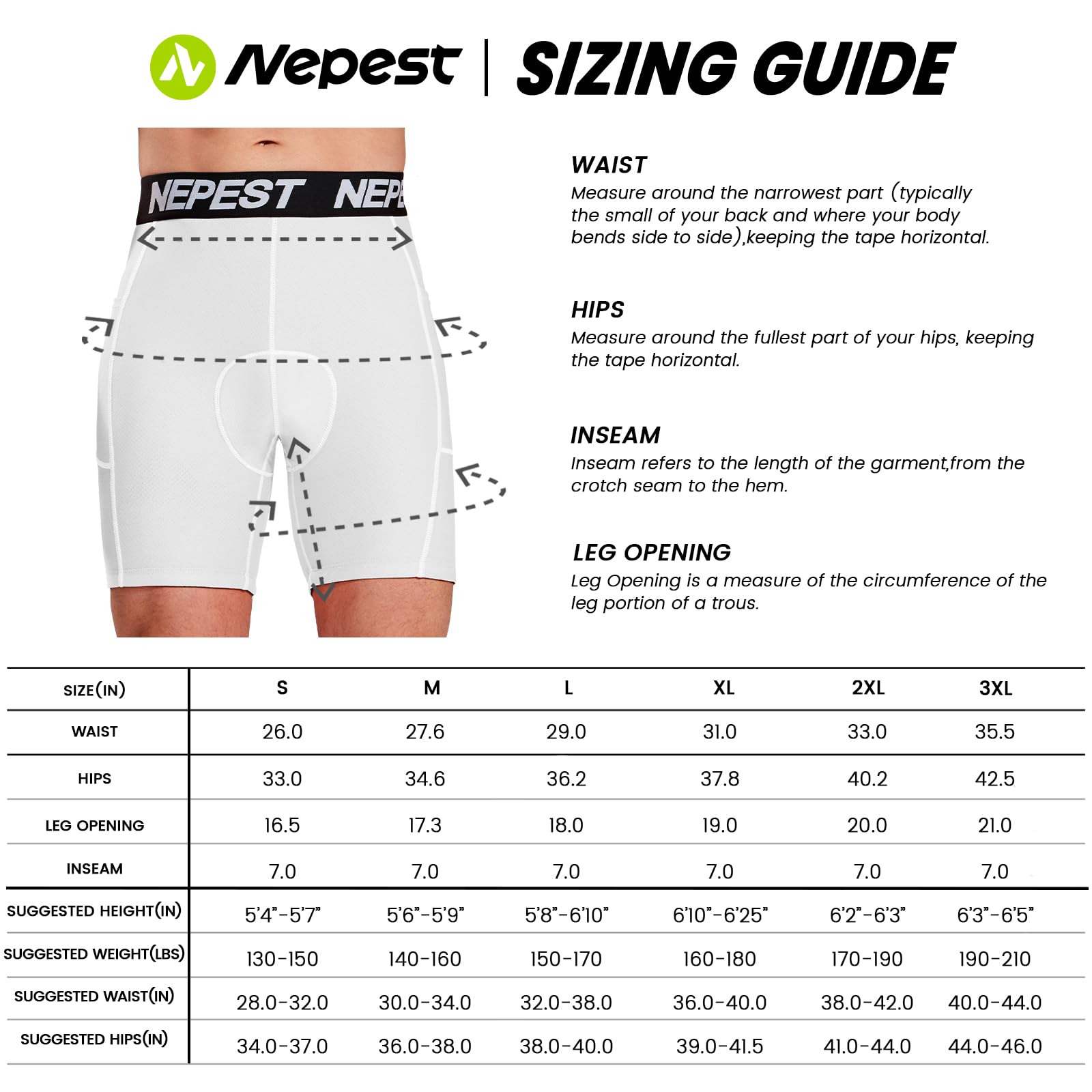 Nepest Pantaloni da ciclismo da uomo, imbottiti 4D, traspiranti, ad asciugatura rapida, a vita larga, lavabili in lavatrice