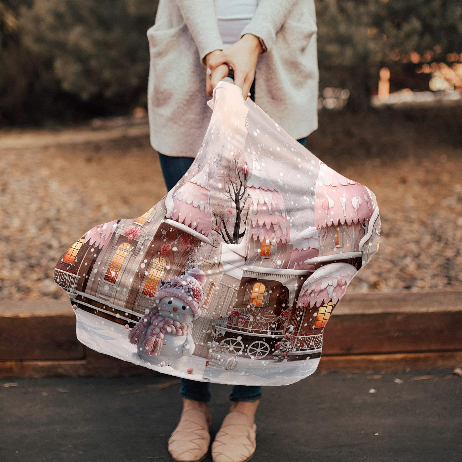 Nursing Cover for Breastfeeding Scarf, Merry Christmas Cartoon Pink House Snowman Baby Car Covers Super Soft Multi Use for Canopy Shopping Cart Cover Blanket Stroller Cover
