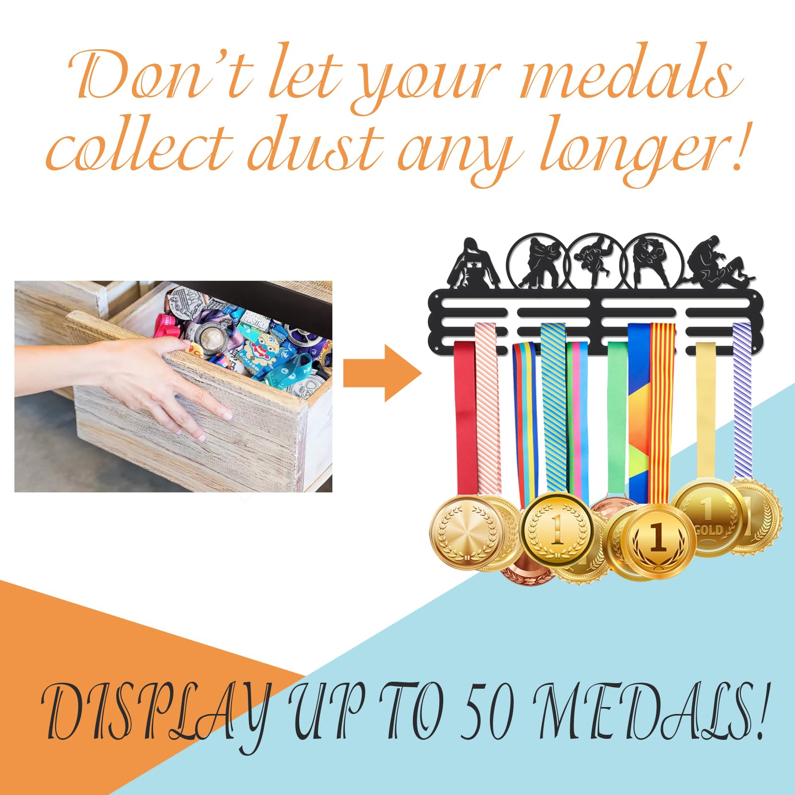 nbeads Medaillen Display Halter Rack, Judo Thema Medaillen Display Wall Mounted Frame Sport Medaille Halter Racks für Wettbewerb Medaille Wand hängende Display, Mount über 50 Medaillen