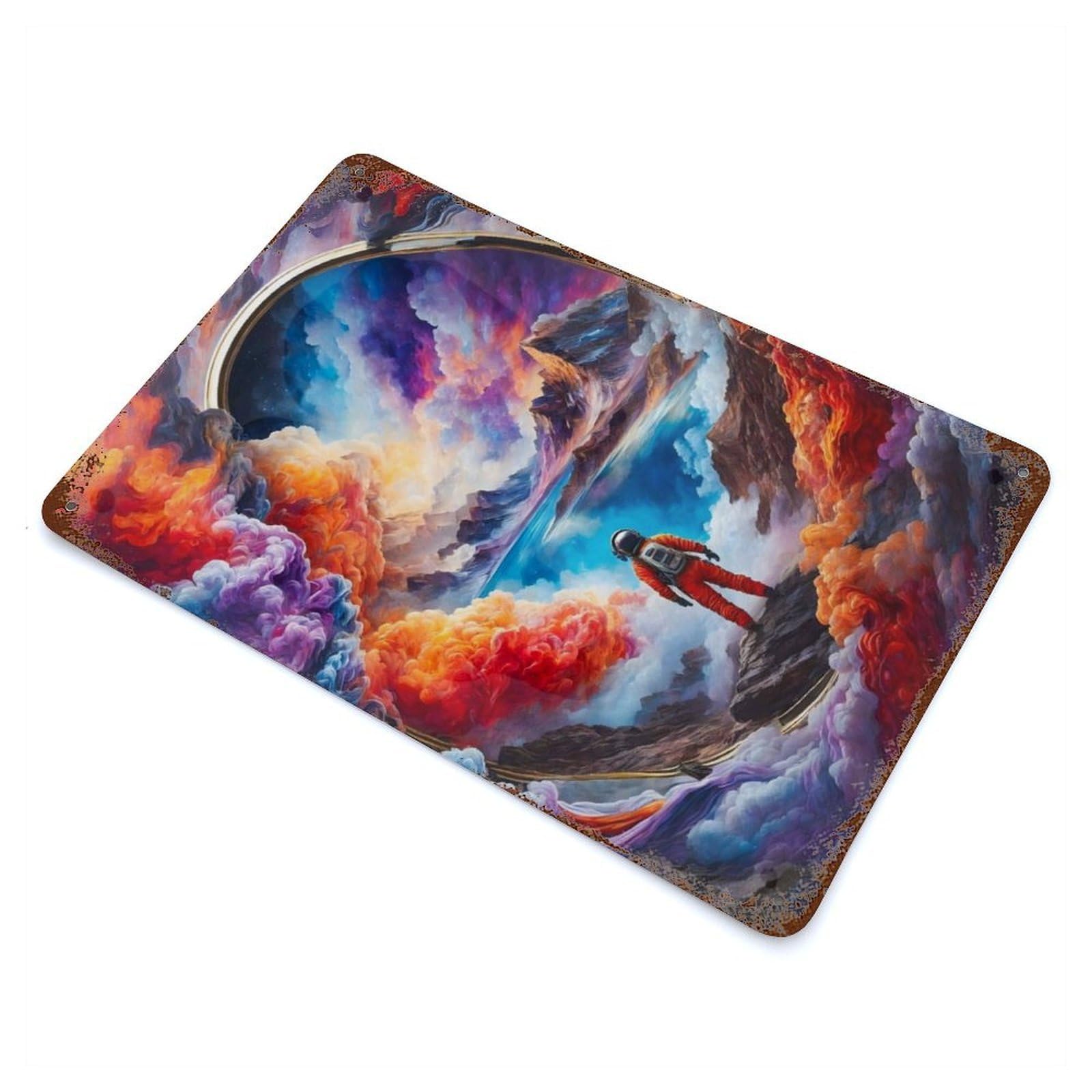 Rust Effect Colorful Cloud Space Distressed Metal Wall Sign 11.8"x7.9", Decorative Metal Wall Art for Living Room, Hallway And Home Decor