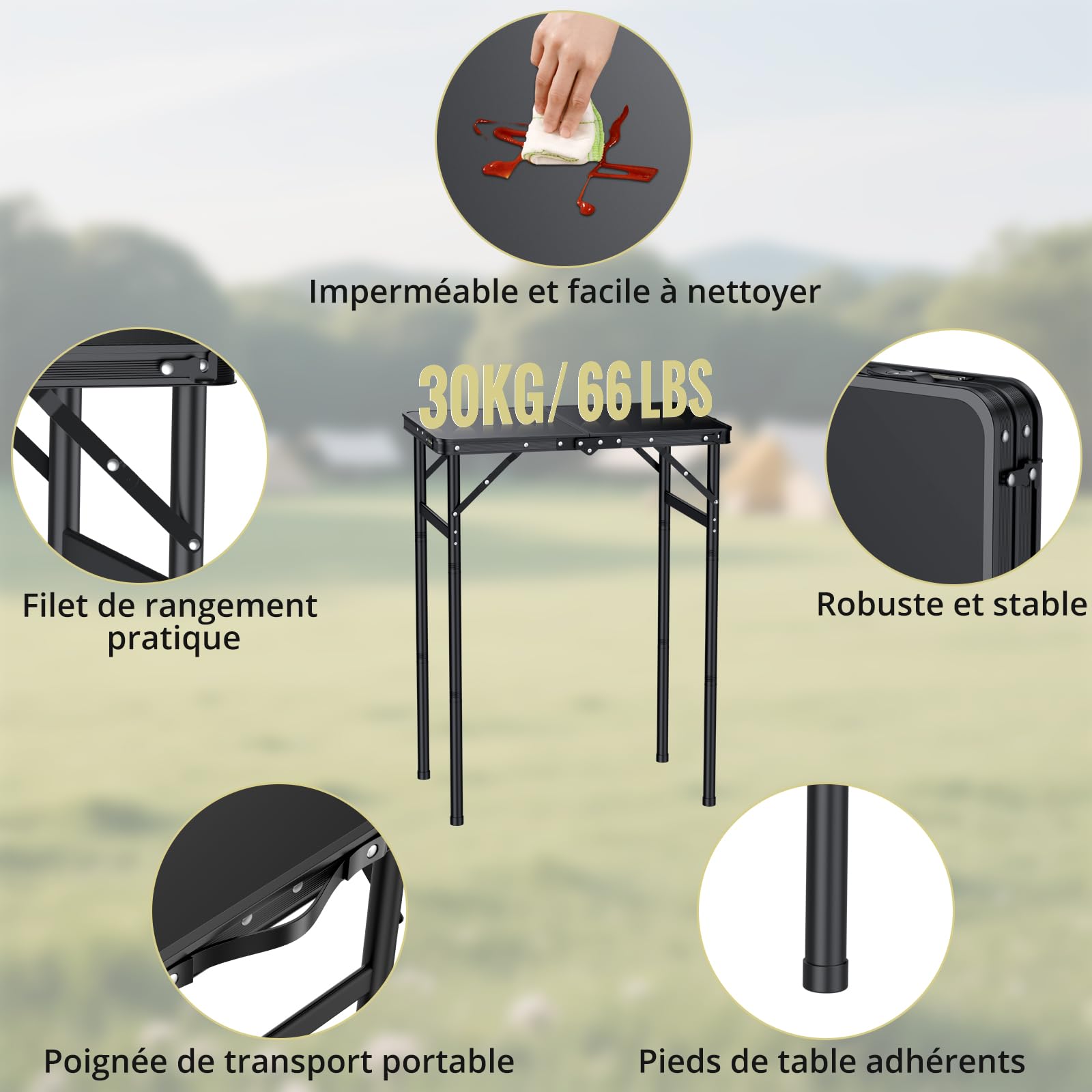 Anbte Table de Camping Pliante 60x40x27/51/74 cm en Aluminium, Noir | Table Pique-Nique avec Filet de Rangement, Légère et Portable avec Plateau en MDF pour Extérieur/Intérieur, Plage, Camping