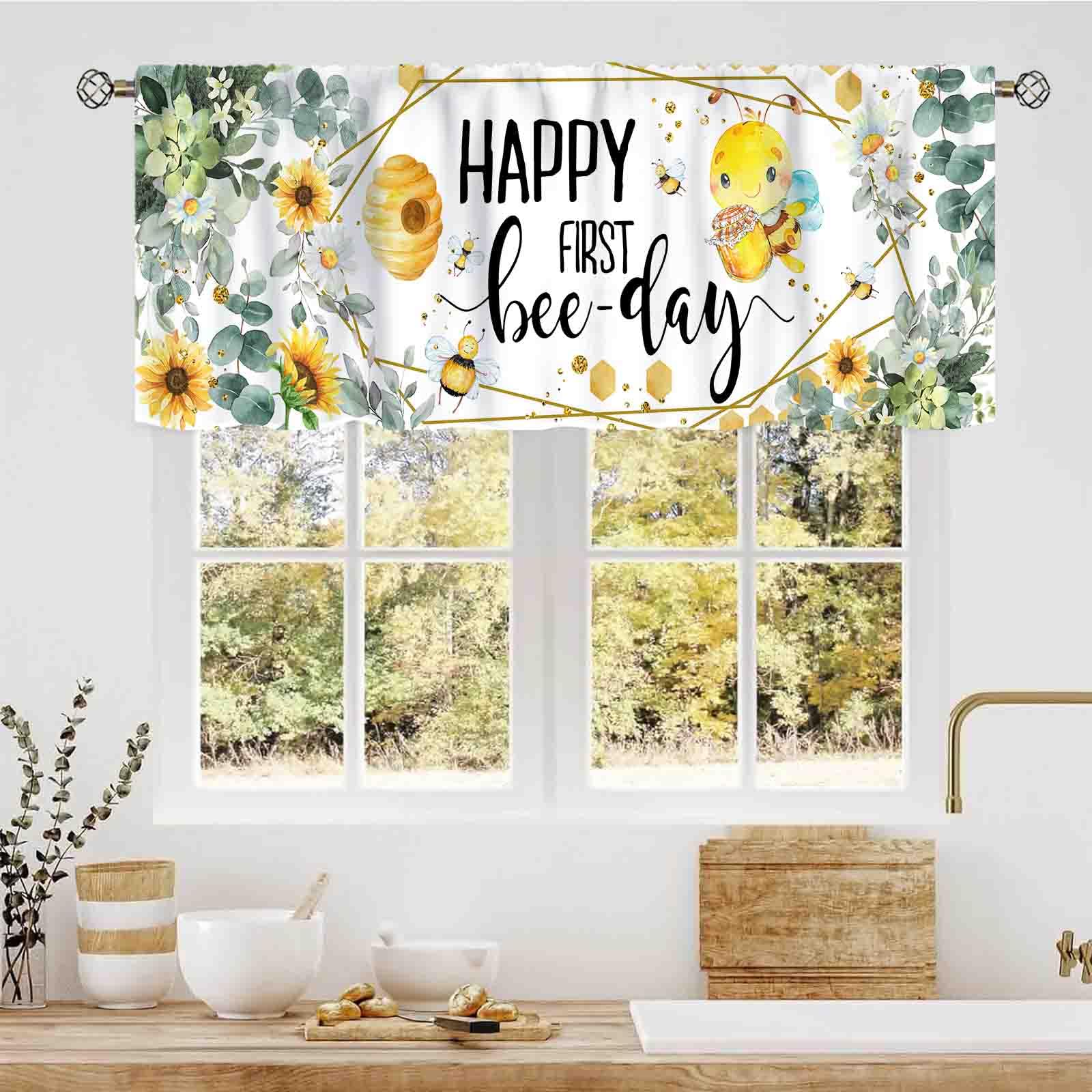Tkuyo Bee-05 Bee Curtains Valance, Farmhouse Yellow Sunflower Honeycomb Spring Lovely Honeybee Floral Rustic Country Small Short Window Treatments For Kitchen Cafe Bedroom Living Room Bathroom, 54"X18" Inch