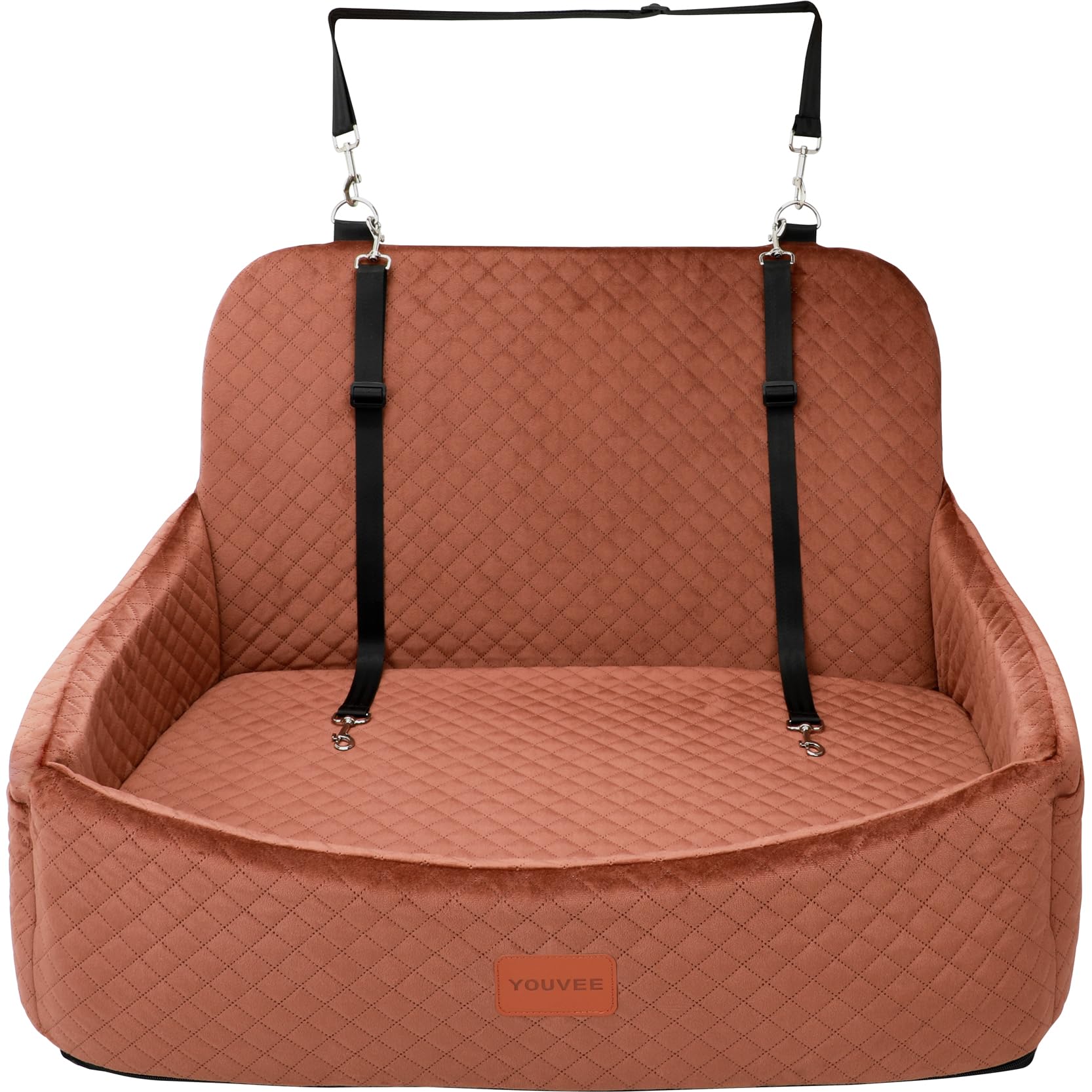 Youvee Dog Car Seat for Large/Medium Dog,Interior Height 4 Inches Pet Car Bed for Dogs Under 55 lbs or 2 Small Dogs,Fully Detachable and Washable Dog Booster Seat with 2 Safety Leashes(Brown)