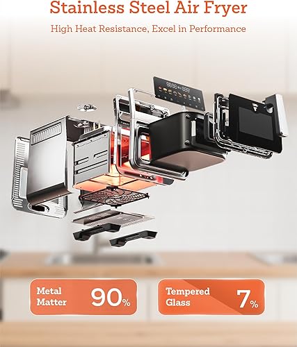 Miniatura 6 de Freidora de aire de acero inoxidable de 6 cuartos de galón, carcasa de acero inoxidable y olla interior de metal, libre de PTFE y PFAS, 9 funciones
