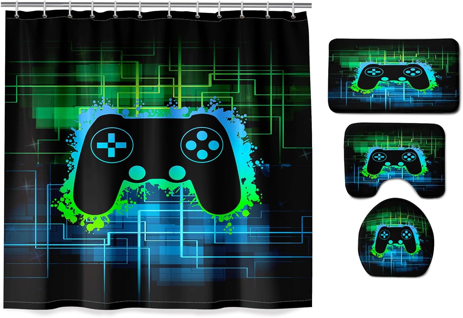 BATATADOCE 4 Pcs Gamepad Controller Shower Curtain - Game Shower Curtain Set Video Gamepad Bathroom Set with Rug,Toilet Cover,U Shaped Mat and 12 Hooks,70 X 70
