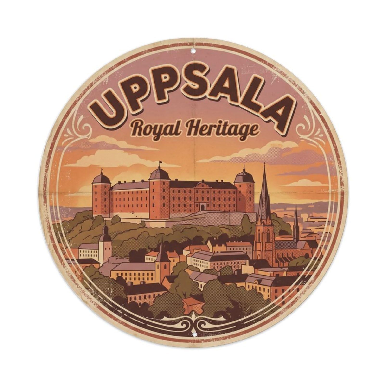 Vintage Travel Uppsala Sweden Castle Metal Tin Sign Plaque Wall Decor for Cafe, Club Bar, Office, Home Garden Round Metal Poster 8x8Inch