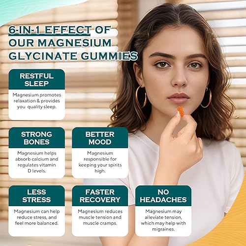 Miniatura 3 de Gomitas de glicinato de magnesio de 1000 mg Suplemento de magnesio y potasio sin azúcar con vitamina D, B6, CoQ10 para un estado de ánimo tranquilo