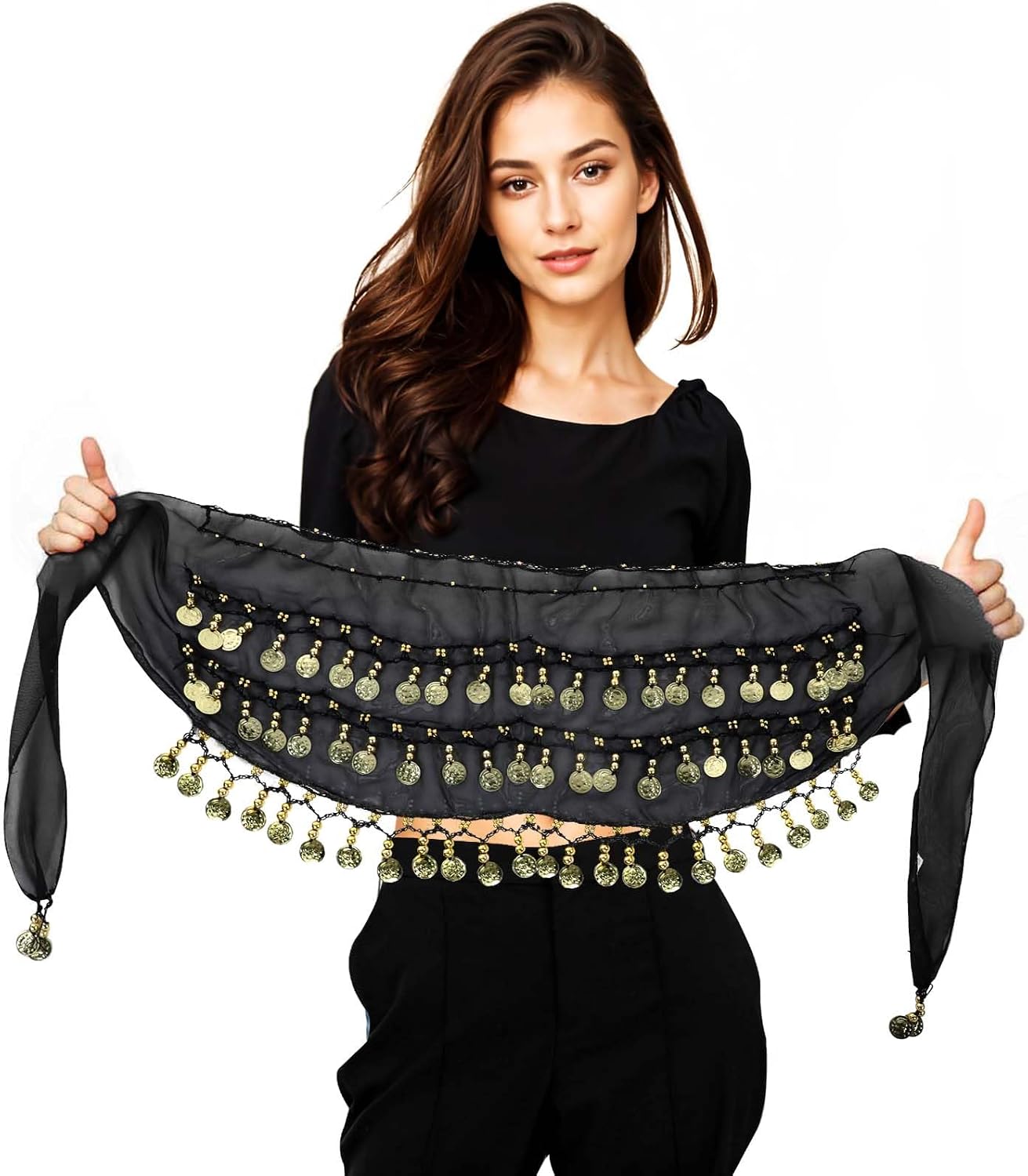 Belly Dance Skirt, Belly Dance Hip Scarf with Sequins and Coins, Performance Belly Dance Costume for Women