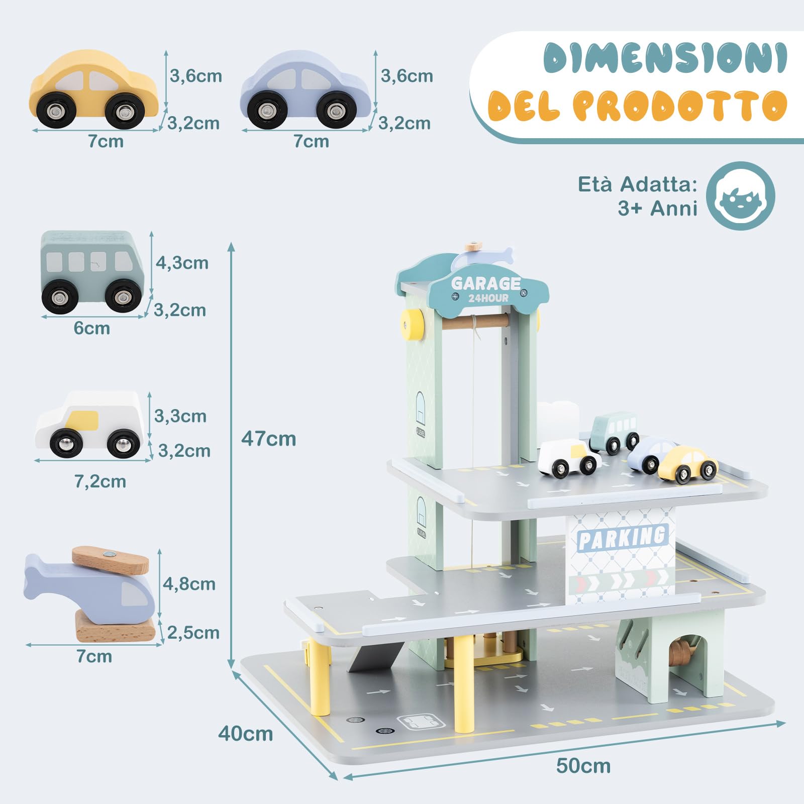 RELAX4LIF Garage per Bambini con 4 Macchinine e 1 Elicottero, Garage di Parcheggio a 3 Piani con Ascensore, Autolavaggio e Distributore di Benzina
