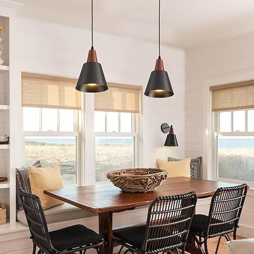 Miniatura 4 de Paquete de 2 luces colgantes, luces colgantes negras para isla de cocina, cúpula de madera, luces colgantes industriales minimalistas para isla de