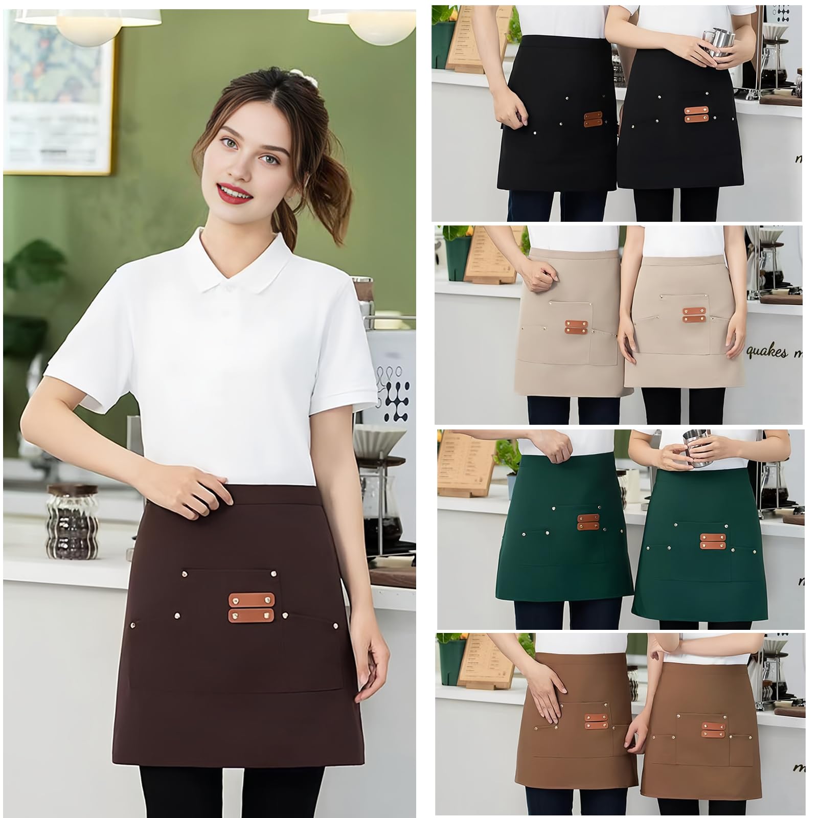 Delantales de Cintura con 3 Bolsillos, Delantal de Trabajo de Media Cintura, Delantal Corto Camarero, Delantales de Cocina Corto Impermeable, Mandiles de Camarera para Hombres Mujeres