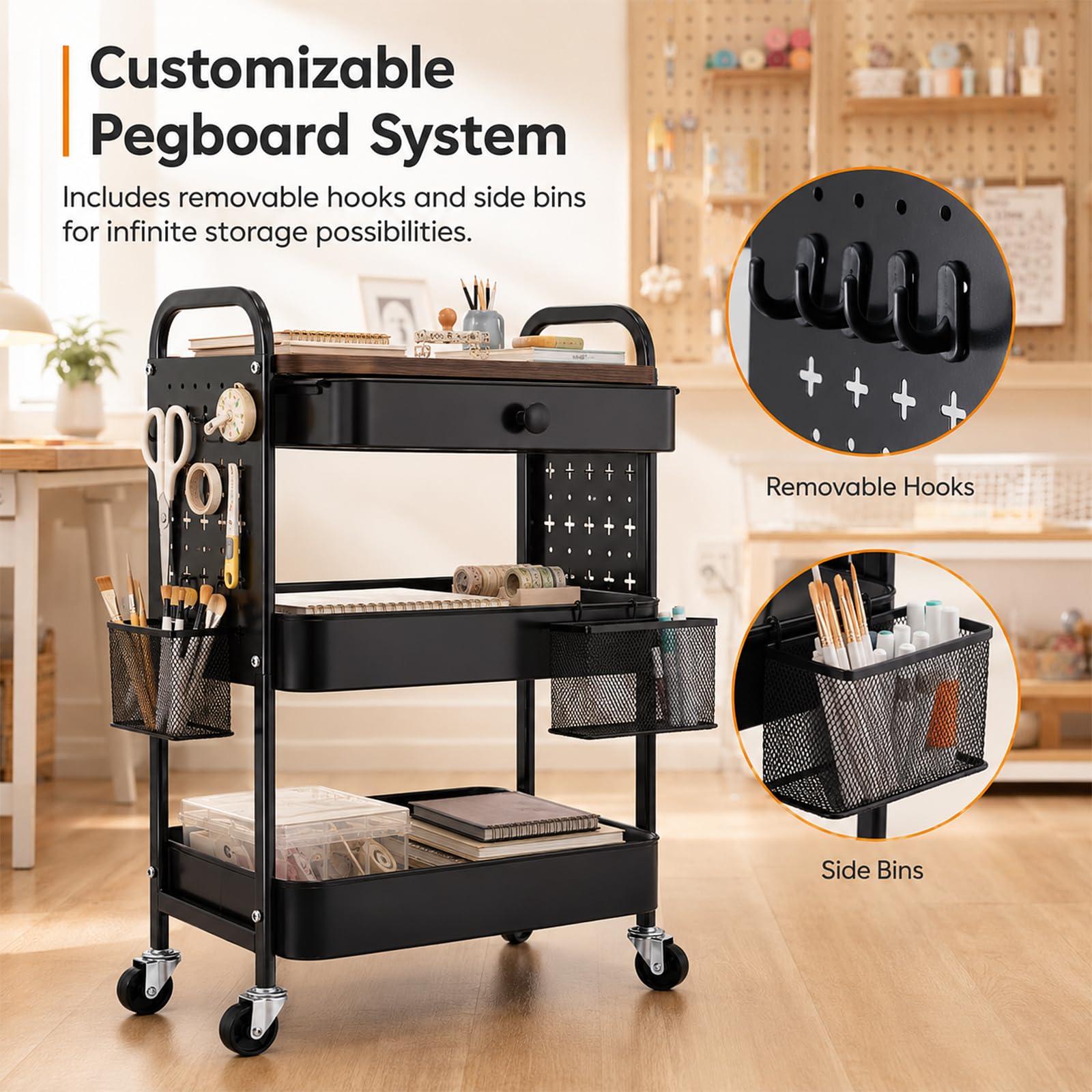 ZONJIE Carrello con cassetto e piano in legno, carrello portaoggetti a 3 livelli in metallo con ruote, pareti forate, cestini e ganci per cucina, bagno, ufficio e sala fai da te, nero
