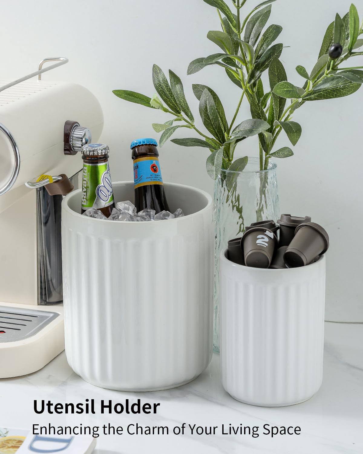 Hasense Utensilienhalter 2er Set, 18,5cm + 14,5cm Bauernhaus Utensilienhalter für Küchenarbeitsplatte, Stabiler Keramik Utensilientopf für Weihnachten & Einweihungsgeschenk, Spatel Halter für Theke,
