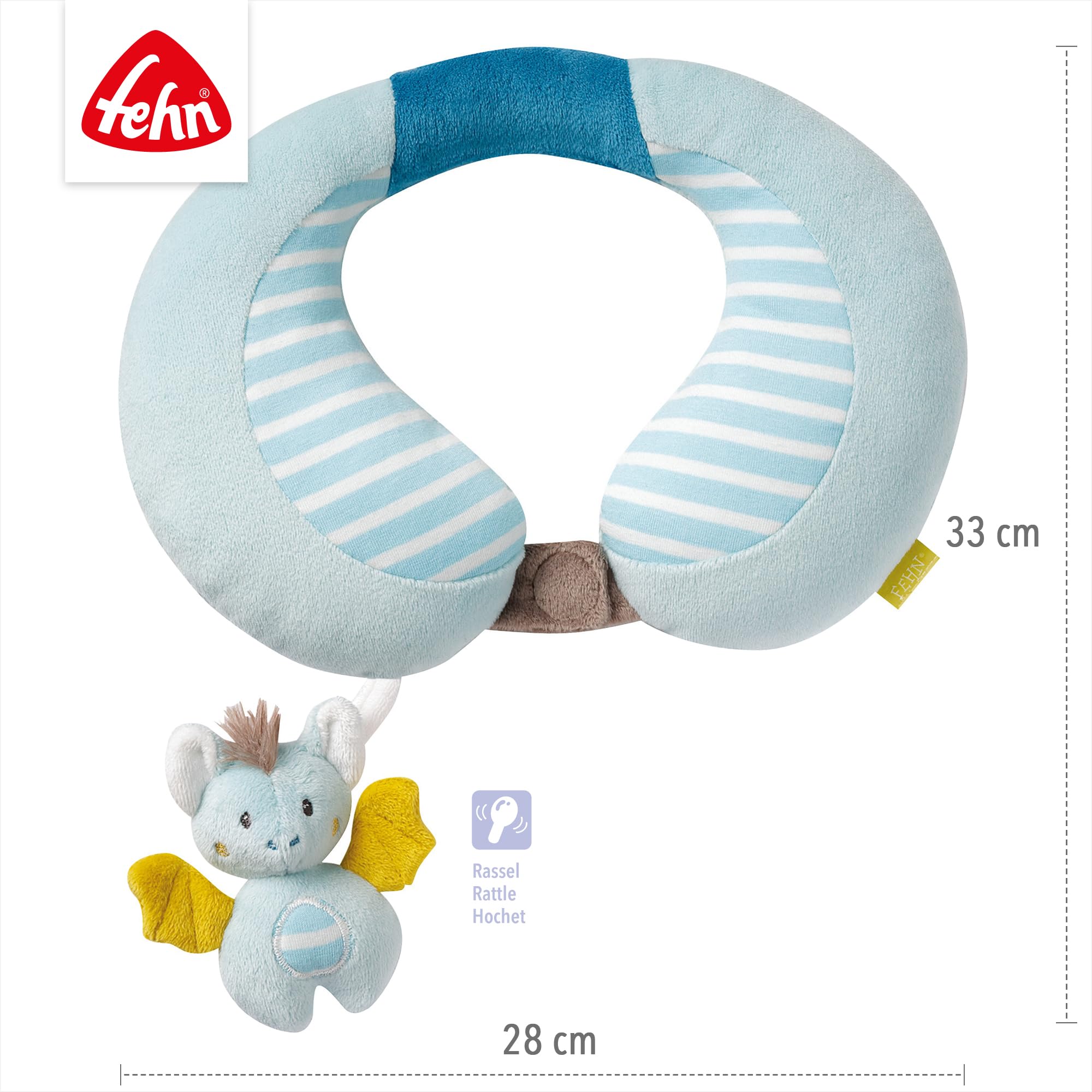 Fehn Fledermaus Nackenkissen Nackenhörnchen - Ergonomische Kopfstütze mit niedlichem Rassel Tier - sichere Kopfhalterung für Auto, Kinderwagen & Kindersitz - für Babys & Kleinkinder von 0-12 Monaten