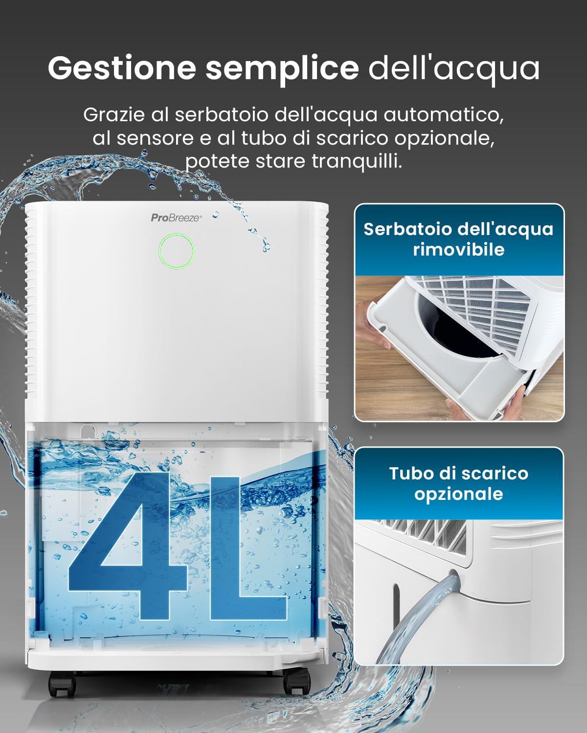 Pro Breeze Deumidificatore Compressor Intelligente 20L/G con Serbatoio dell'Acqua 4L, Asciugatura dei Vestiti e sensore di umidità - Timer 24H, modalità Notturna per umidità, Muffa e condensa