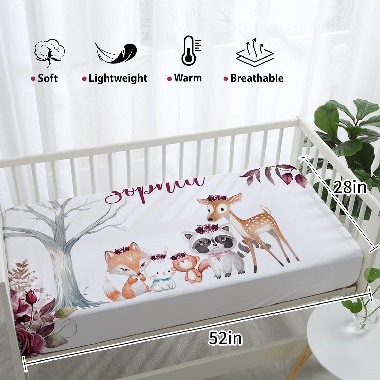Custom Nursery Crib Bedding Set - Personalized Nursery Decor Baby Blanket Fitted Crib Sheet Changing Pad Cover Baby Room Rug Woodland Animals with Tree Stump Pattern Gift Idea