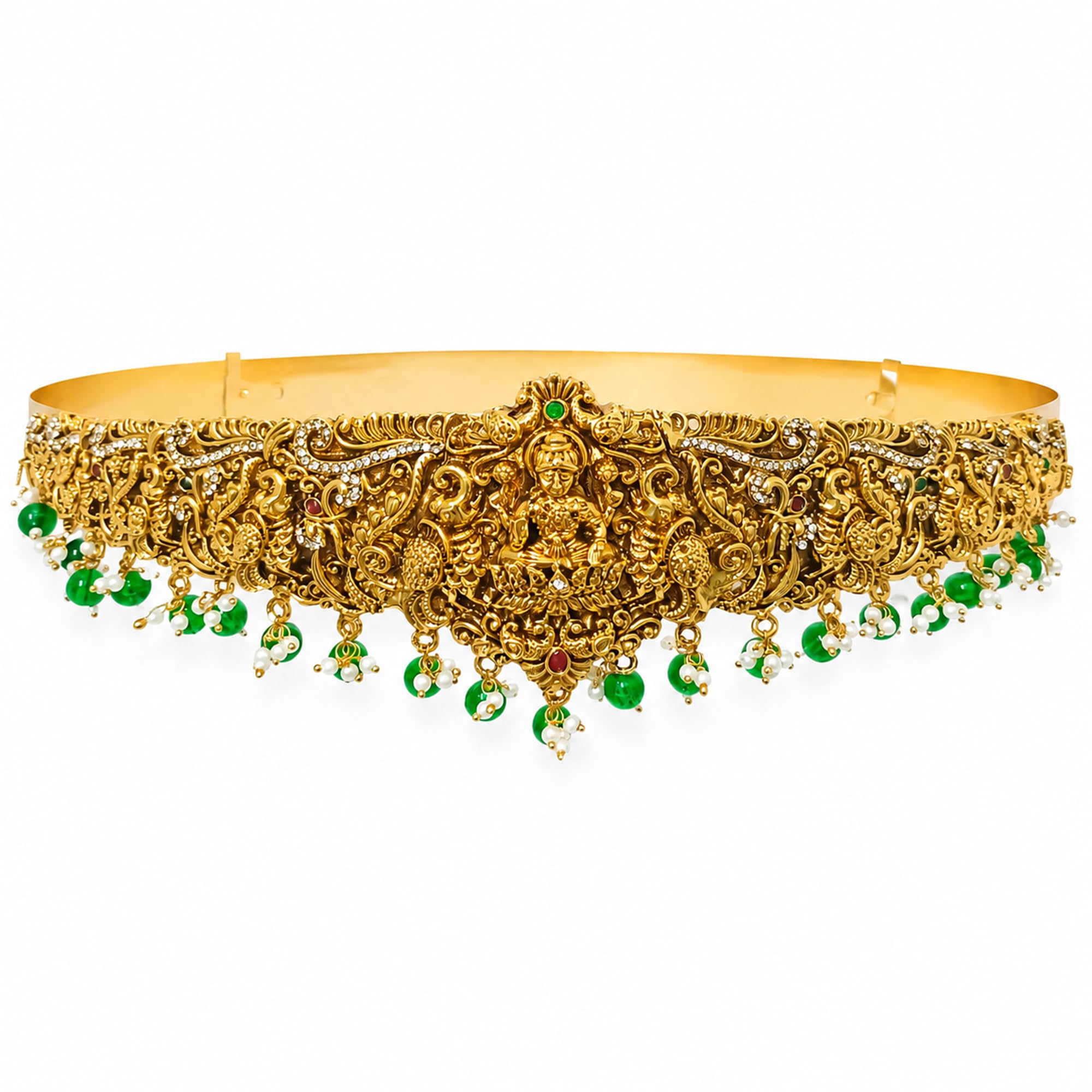 Gold Plated Lakshmi Vaddanam Bridal Waist Belt with Green Beads & Peral drops-image-35