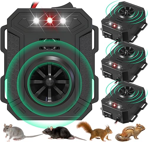 Paquete de 4 repelentes de roedores ultrasónico debajo del capó, repelente de ratones con luz ultrasónica y estroboscópica, mantiene a los roedores,