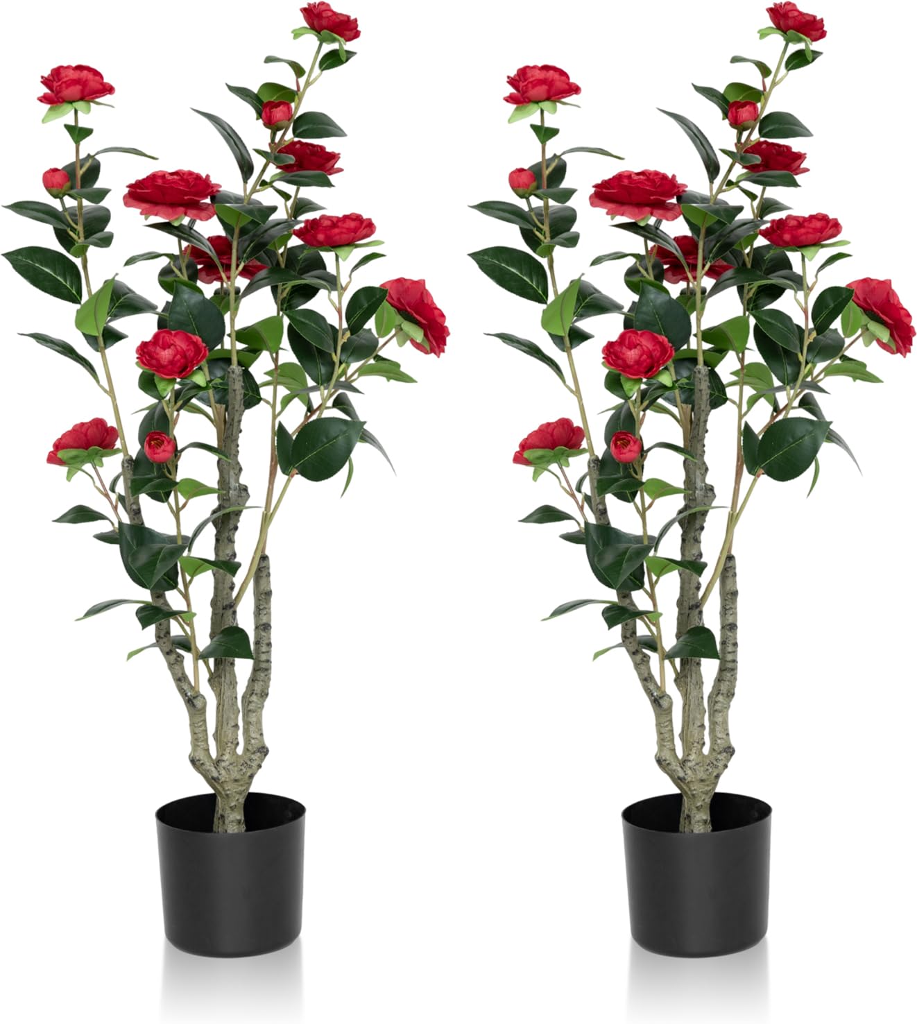 2Pack Artificial Camellia Tree 3FT, Red Faux Camellia Plant Fake Potted Camellia Flower Tree Plastic Camellia Tree for Modern Home Office Living Room Floor Decor Indoor