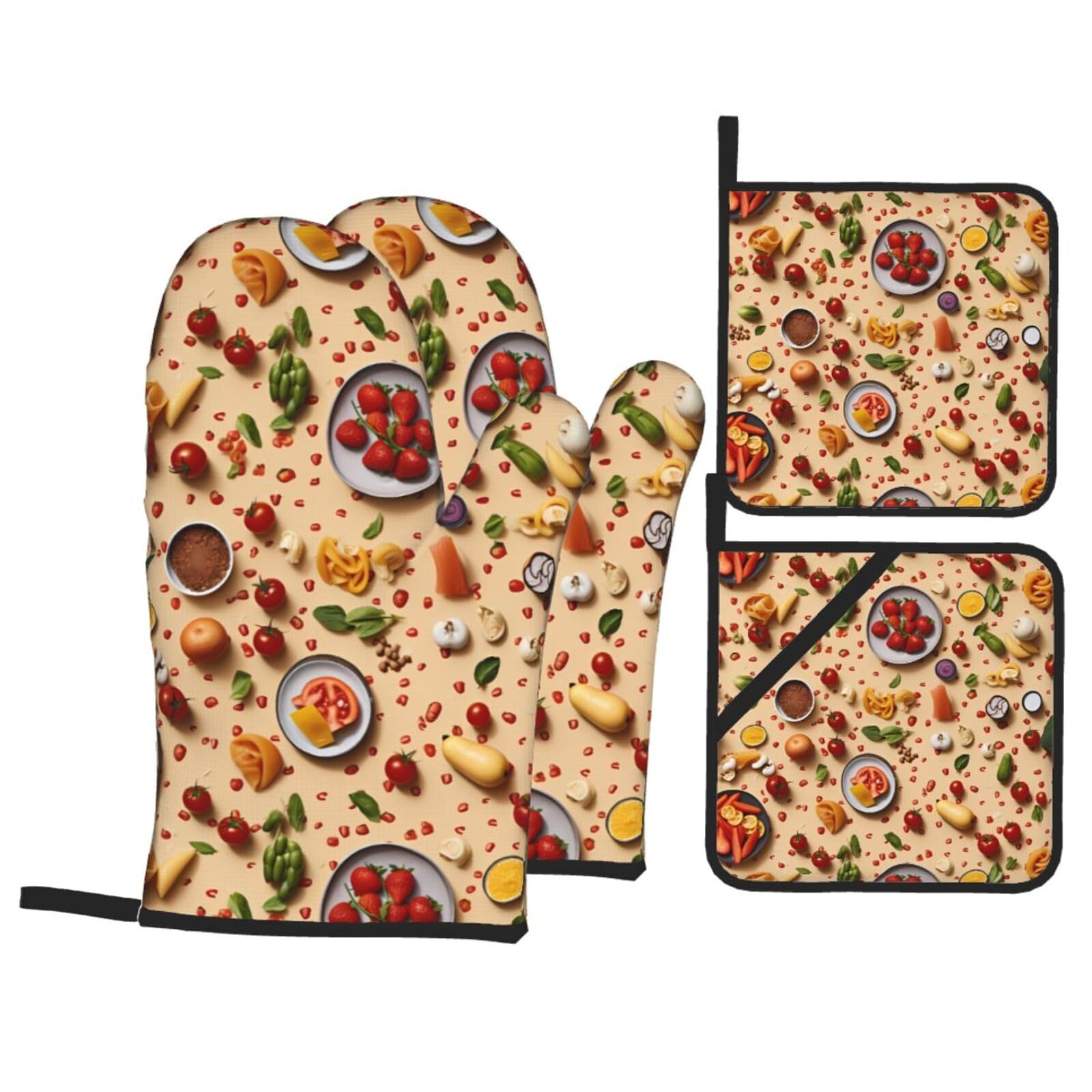 HJFCZH Food Photography Picture Kitchen Baking Set of 4 Thick Insulated Oven Mitt & Pot Holders, Anti-Scalding for Microwave, Oven, Outdoor BBQ