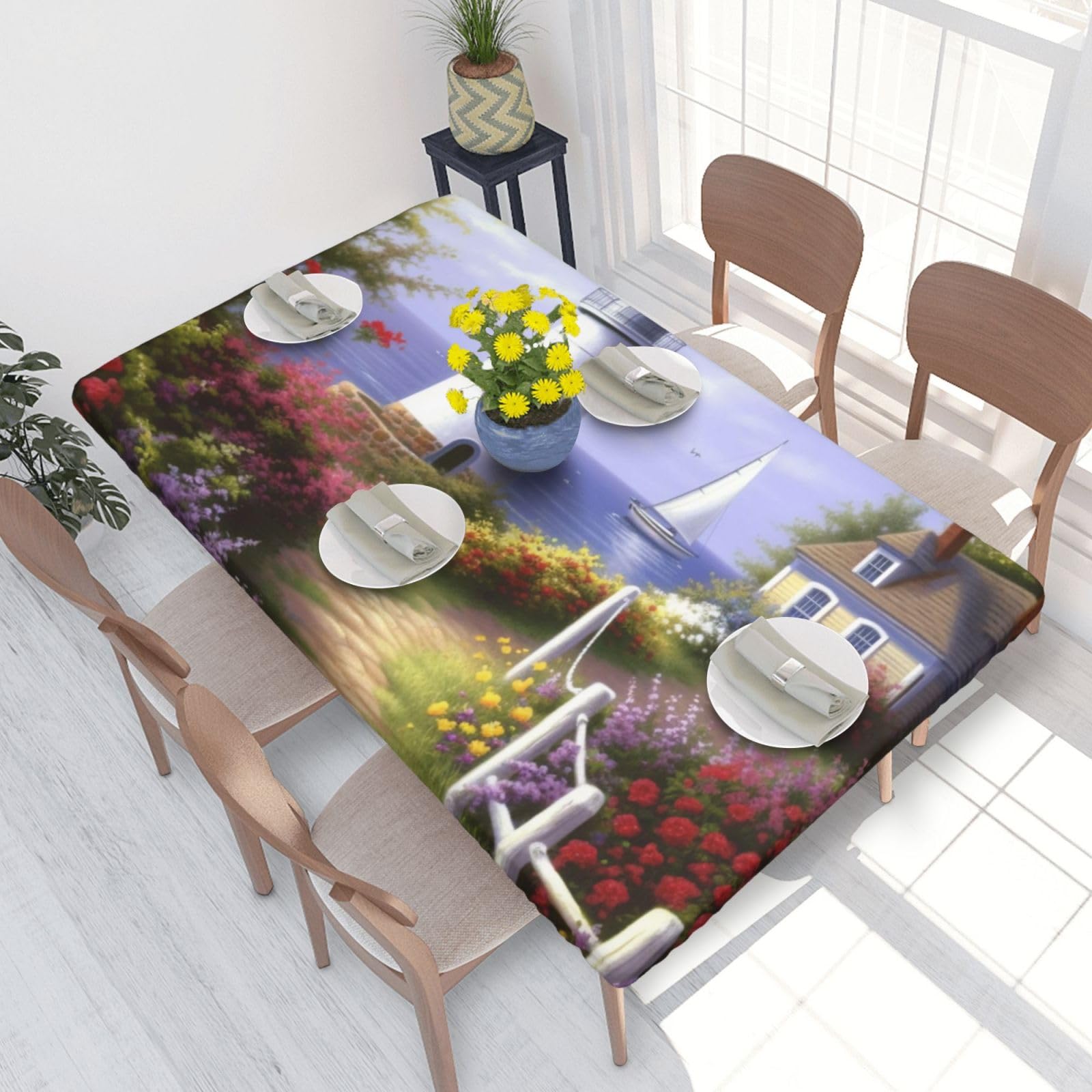 DCARSETCV Sea Beacon Printed 4FT Waterproof Tablecloth with Elastic Edged Protect & Decor Your Table, Oil-proof Washable Table Cloth Cover for Dinner Picnic Party