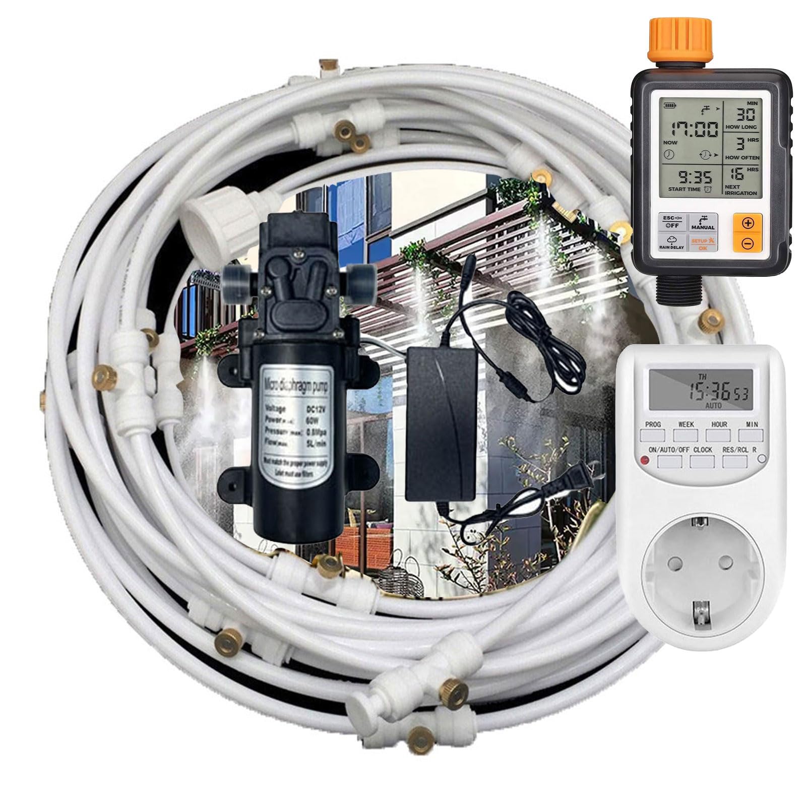 Outdoor Misting Cooling System Kit With Timer & Pump, Patio Misters Mister System Drip Irrigation System For Outside Patio, Garden Cooling System DIY Mic(Size:30m/98.4fttube + 45 nozzles,Color:white)