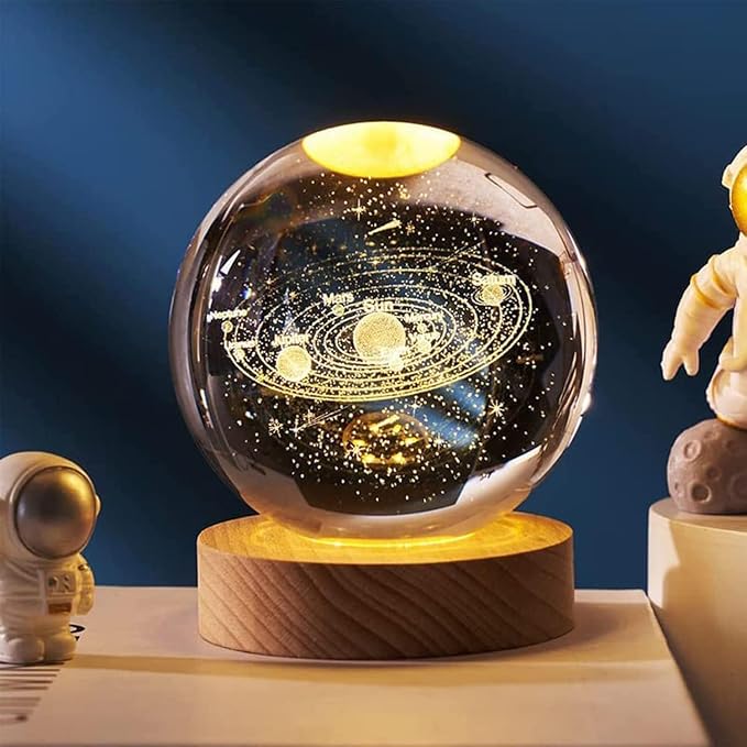 eumqestoer 3D Galaxy Crystal Ball Night Light | Dimmable Engraved LED Glass Ball Table Lamp with USB and Wooden Base for Home Decor, Office, Birthday Gift & Kids Bedroom (Planet)