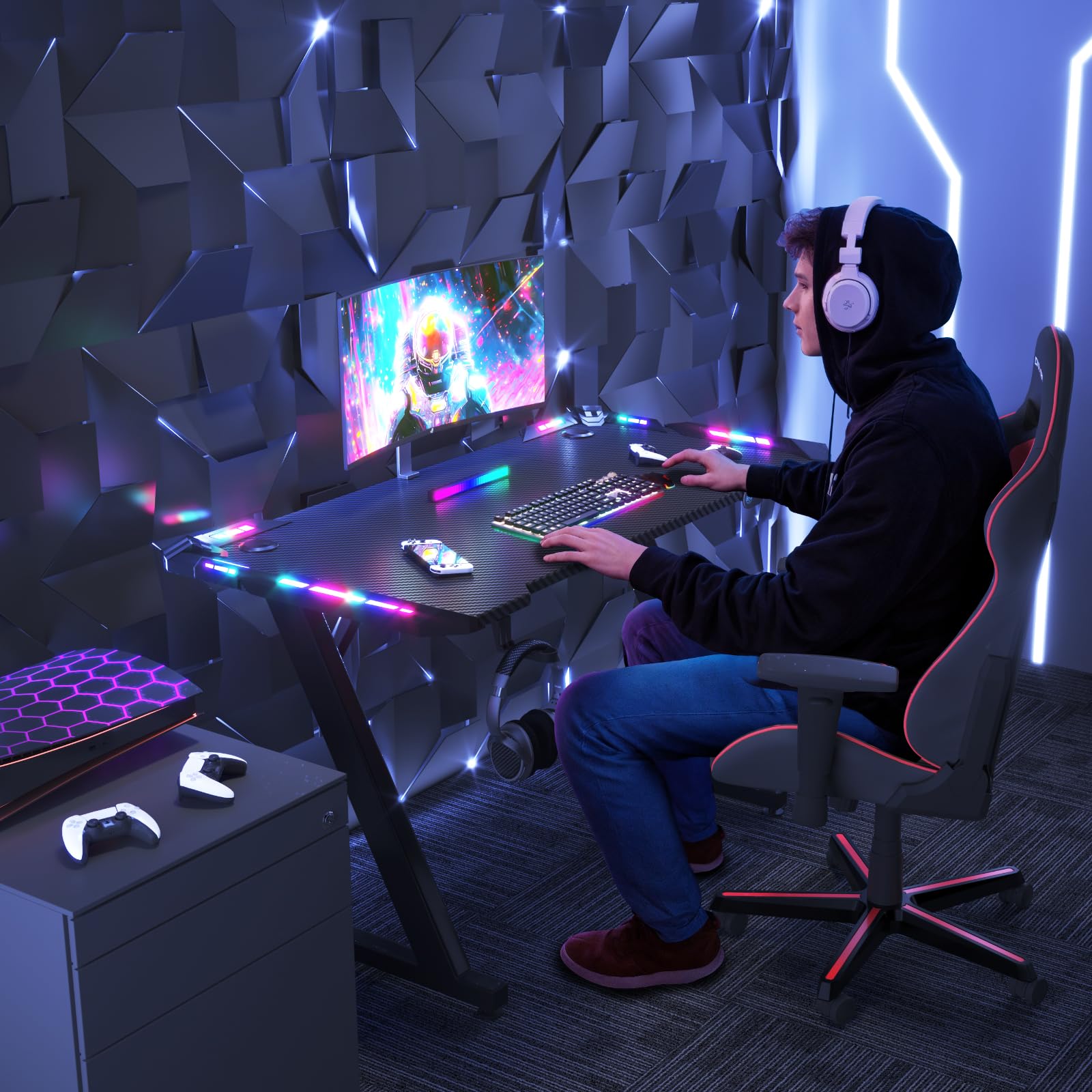 JUMMICO Gaming Tisch mit LED-Beleuchtung, RGB Gaming Tisch, Stabiler Computertisch für Homeoffice und Gamer,Gaming Schreibtisch mit Kopfhörerhalterung und Getränkehalter, 120 x 60 cm, Schwarz
