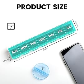 Sukuos Extra Large Weekly Pill Organizer, 7 Day Daily Pill Box Case Arthritis Friendly, Silkscreen Printed Medicine Container with Clear Lid for Vitamins, Fish Oils or Supplements (Cyan)