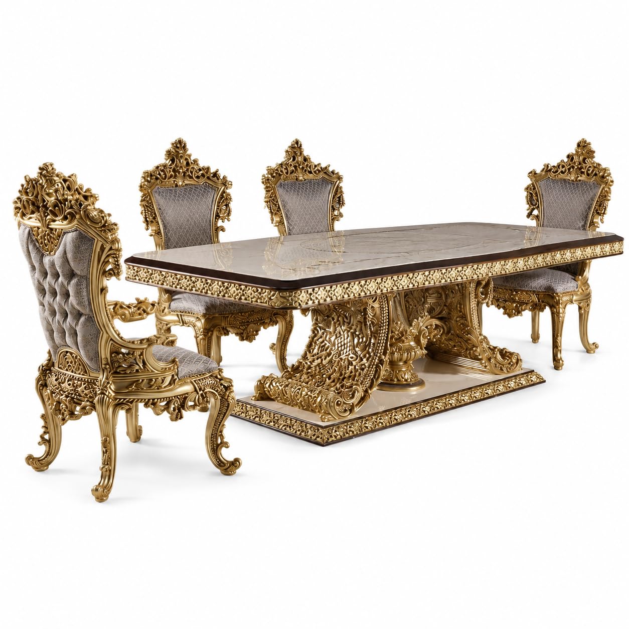 Luxury Royal Dining Table Set 6 Seater with Hand Carved Solid Wood Frame, Marble Top, Antique Gold Finish, Premium Upholstered Chairs for Dining Room, Home, Hotel & Villa-image-14
