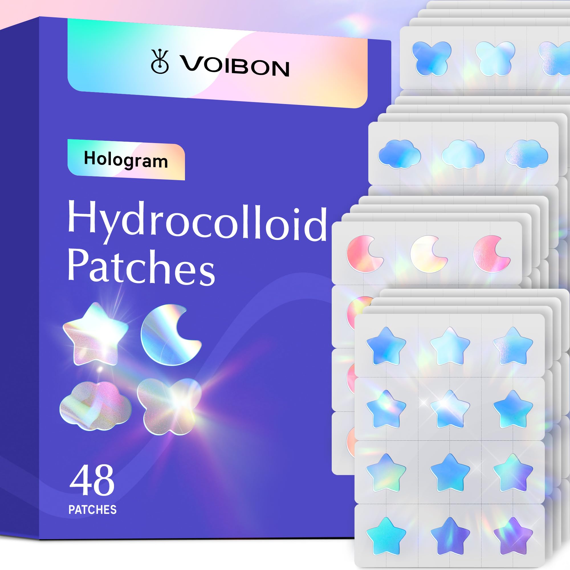 Voibon Hologram Pimple Patches for Face, Cute Hydrocolloid Acne Patches, Salicylic Acid & Tea Tree Colorful Star Spot Stickers,Zits & Blemish, Pink Moon Blue Cloud Butterfly Zit Patches 12MM(48 Count)