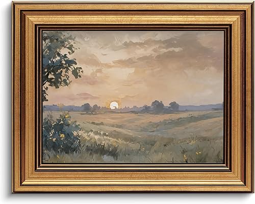 Arte de pared enmarcado en oro, arte de pared vintage para otoño, puesta de sol, paisaje, naturaleza, impresiones para sala de estar, dormitorio,