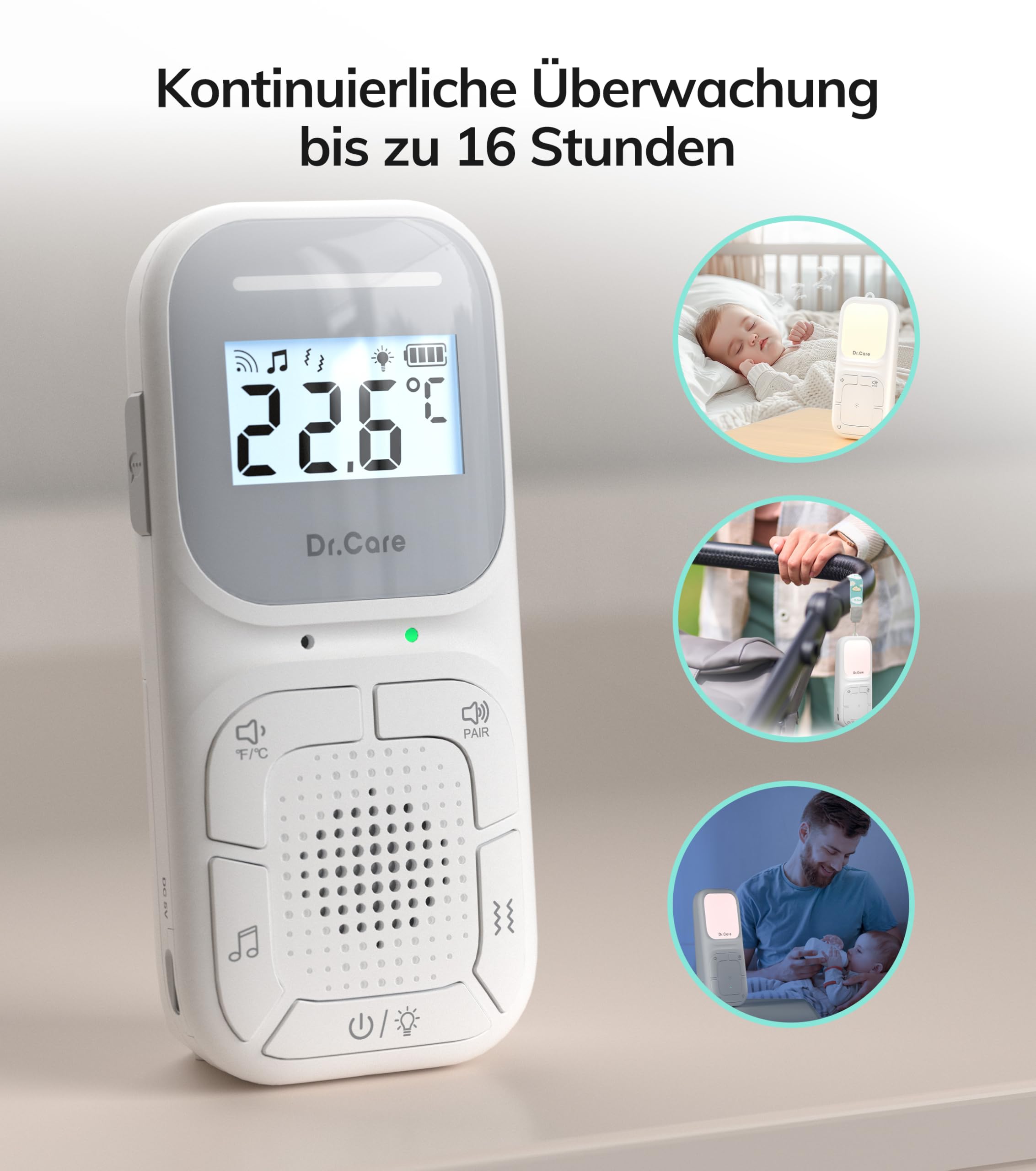 Dr.Care NeoGo Audio Baby Monitor – Vorgepaart, Gegensprechfunktion, VOX, Nachtlicht, Schlaflieder, Vibrationsalarm, 300 m Reichweite, Akku, Clip & Trageschlaufe, Kein WLAN