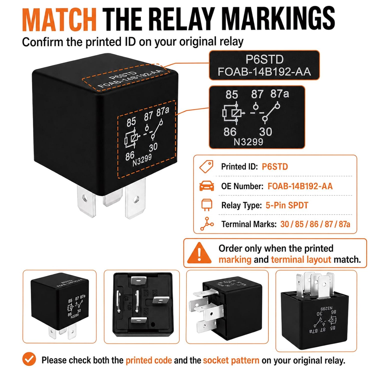 2-Pack P6STD F0AB/FOAB-14B192-AA 5-Pin SPDT Automotive Relay, 12V 40A Multi-Purpose Aftermarket Replacement Relay for Select Ford Vehicles, Check Pin Layout, Not for 4-Pin Sockets