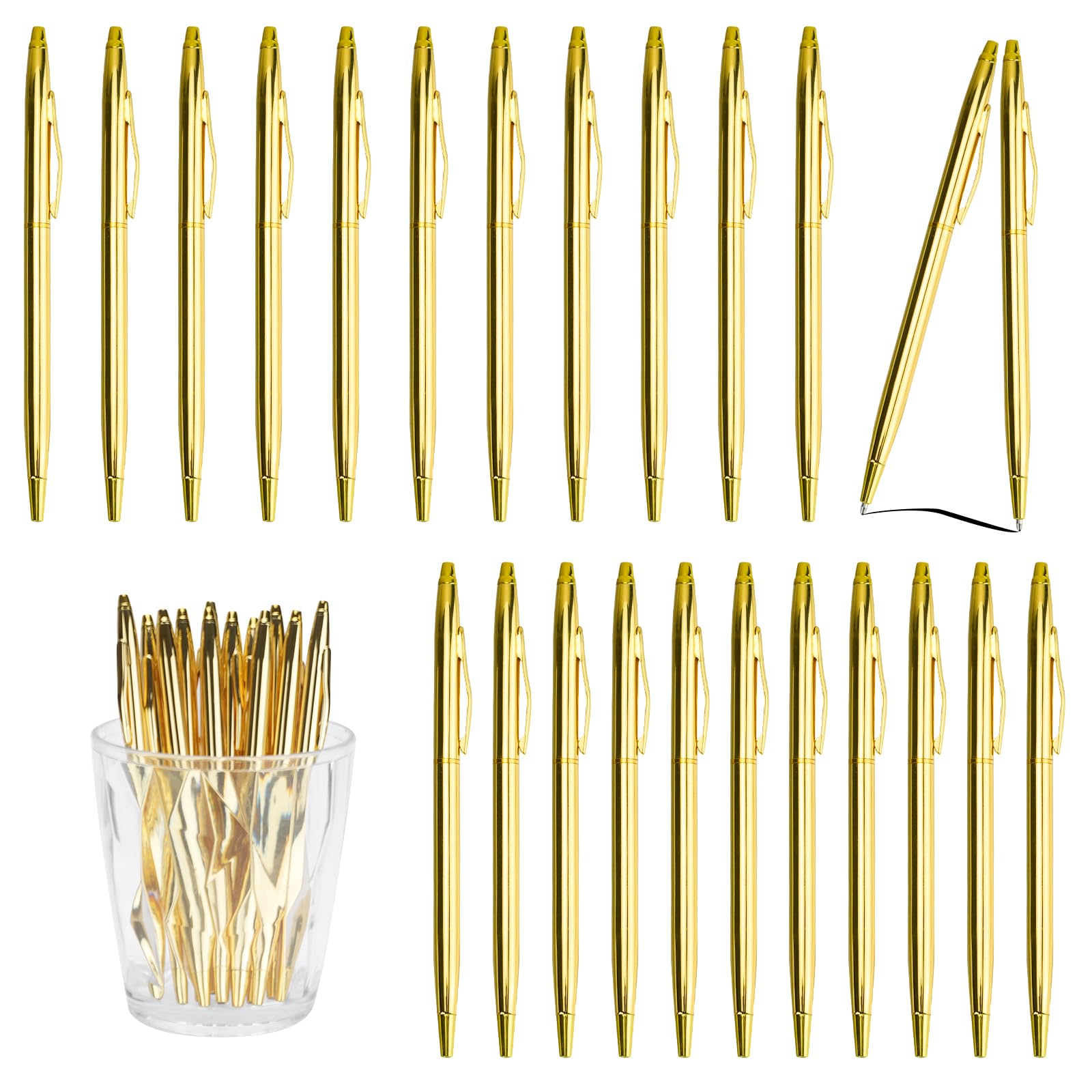 6 Gold-Kugelschreiber Aus Metall – Schlank, 1 Mm Schwarze Tinte, Einziehbar Für Büro, Hochzeit & Business
