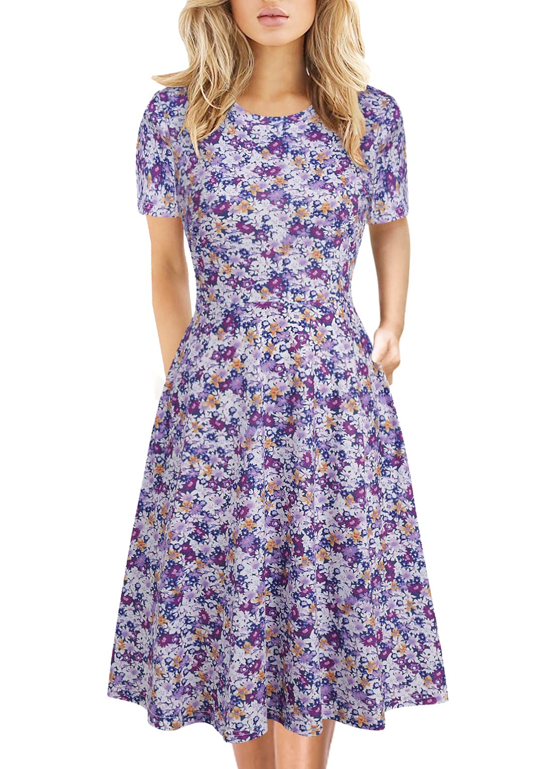 Women's Elegant Knee Length Dresses Vintage Summer Office Casual Floral Print Work Party A-Line Swing Dress with Pockets 162