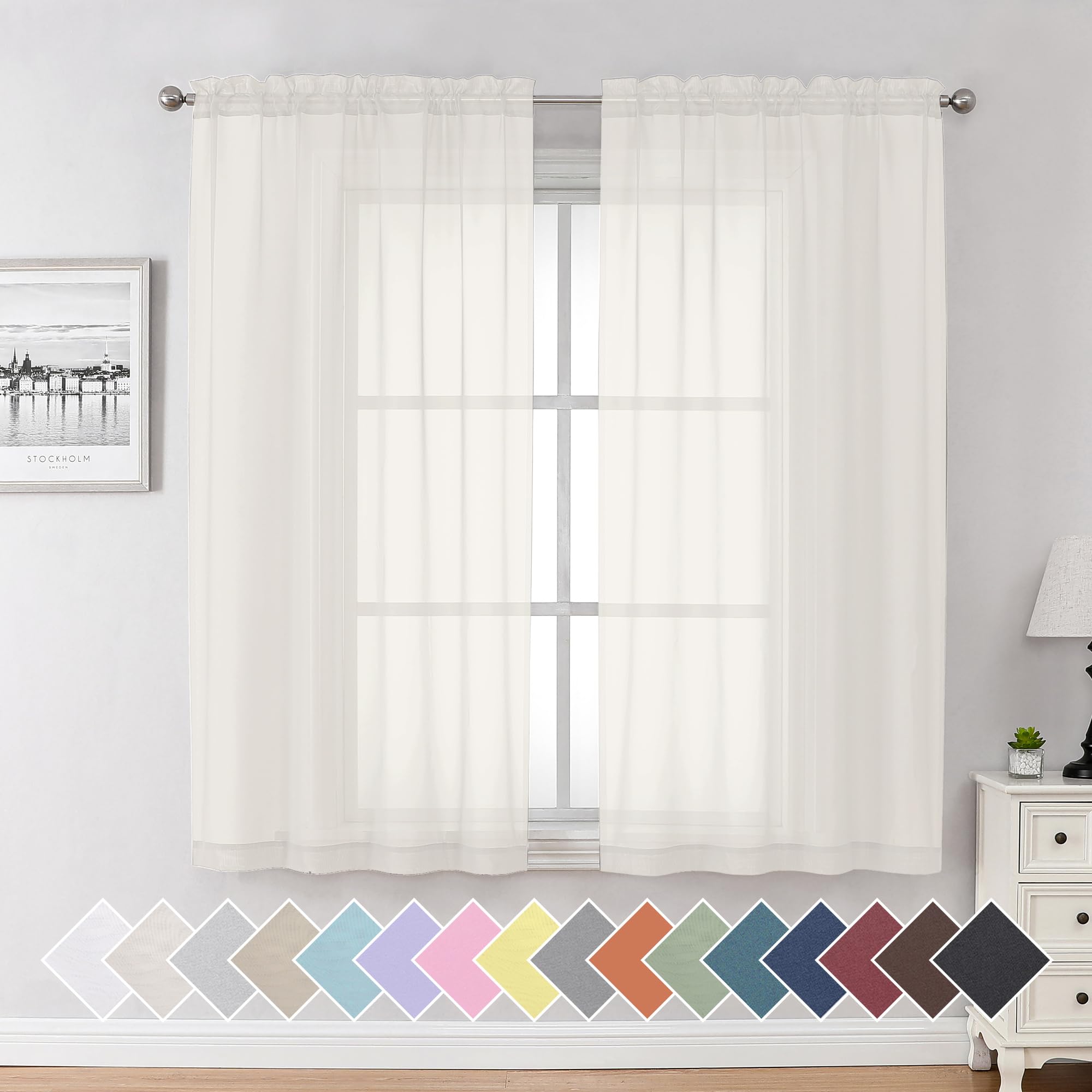 Aiyufeng Ivory Kitchen Sheer Curtains 63 inch Length 2 Panels, Rod Pocket Light Weight Soft Curtain Sheers, Voile Sheer Drapes for Basement Kitchen or Small Window Curtains, Each is 40W x 63L — image 1