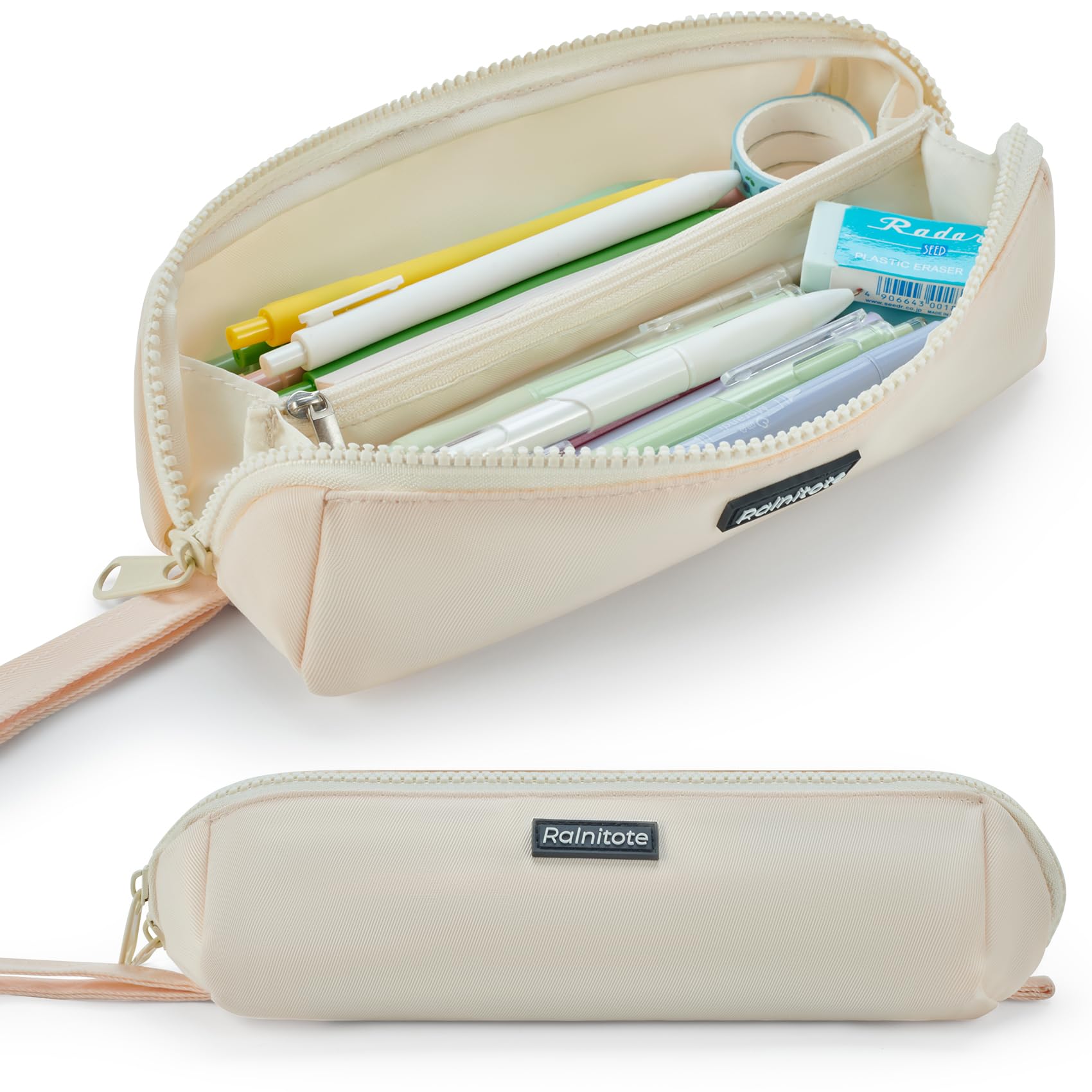 Small Pencil Pouch with 180° Open Design, Slim Pencil Case for Girls and Boys, Aesthetic & Cute Pen Bag for School, Office, Makeup or Tech Accessories-Beige