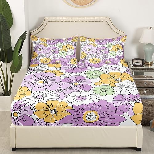Miniatura 3 de Groovy - Juego de sábanas de flores retro para niños, niñas, adolescentes, decoración de habitación de los años 70, diseño de flores hippie bohemio,
