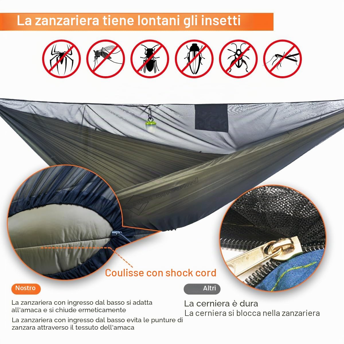 onewind Amaca da campeggio da 3,4 m con rete per insetti, doppia amaca portatile con zanzariera, amaca da zaino con rete regolabile Ridgeline cinghie per alberi per escursioni all'aperto, zaino in