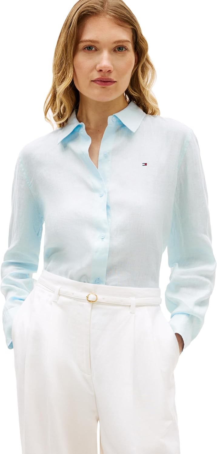 Tommy Hilfiger Women's Lightweight Linen Long Sleeve Button Down Shirt in Relaxed Fit Linen Blouse