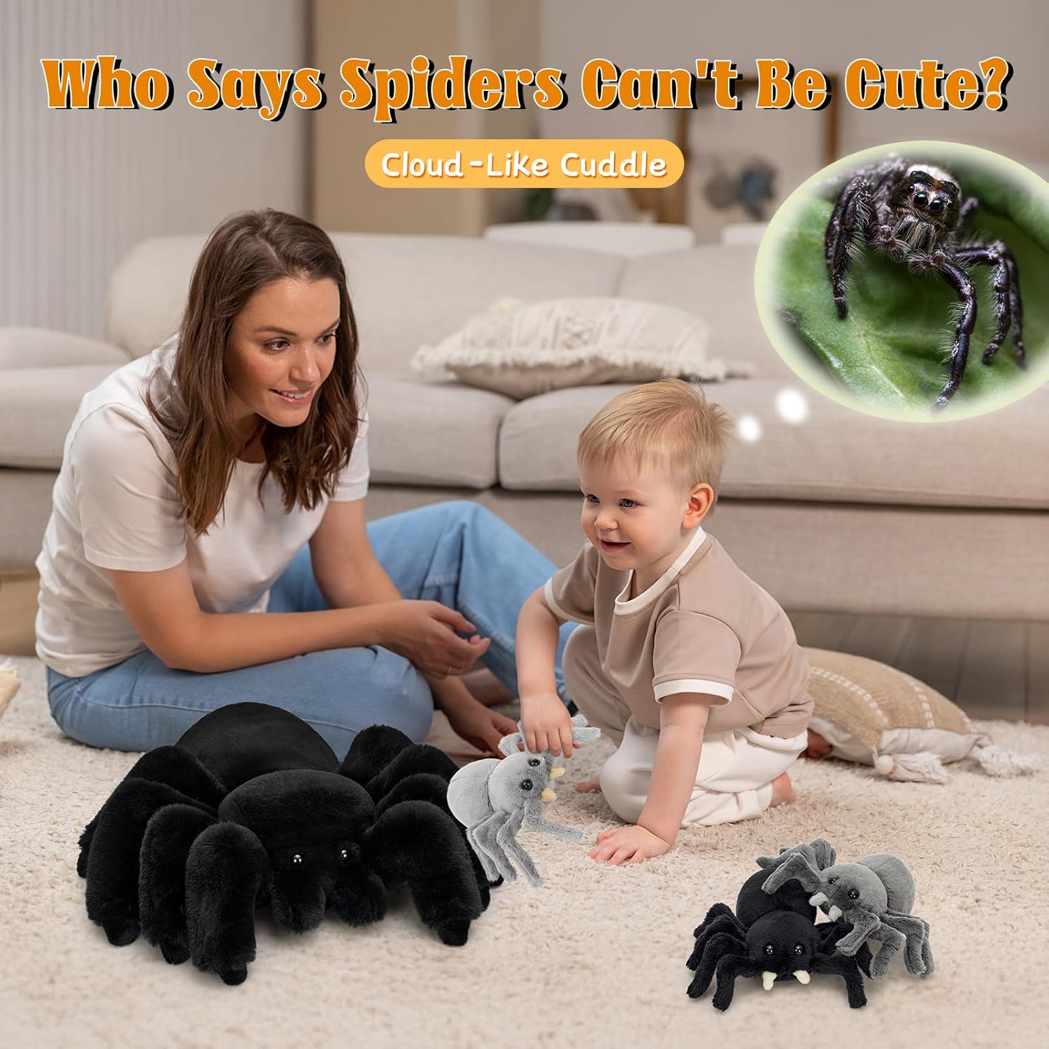 MorisMos 4Pcs Large Spider Plush, 16 Inch Mommy Spider Stuffed Animals with 3 Baby, Soft Cuddly Pillow Plush Gifts for Kids Boys Girls, Black