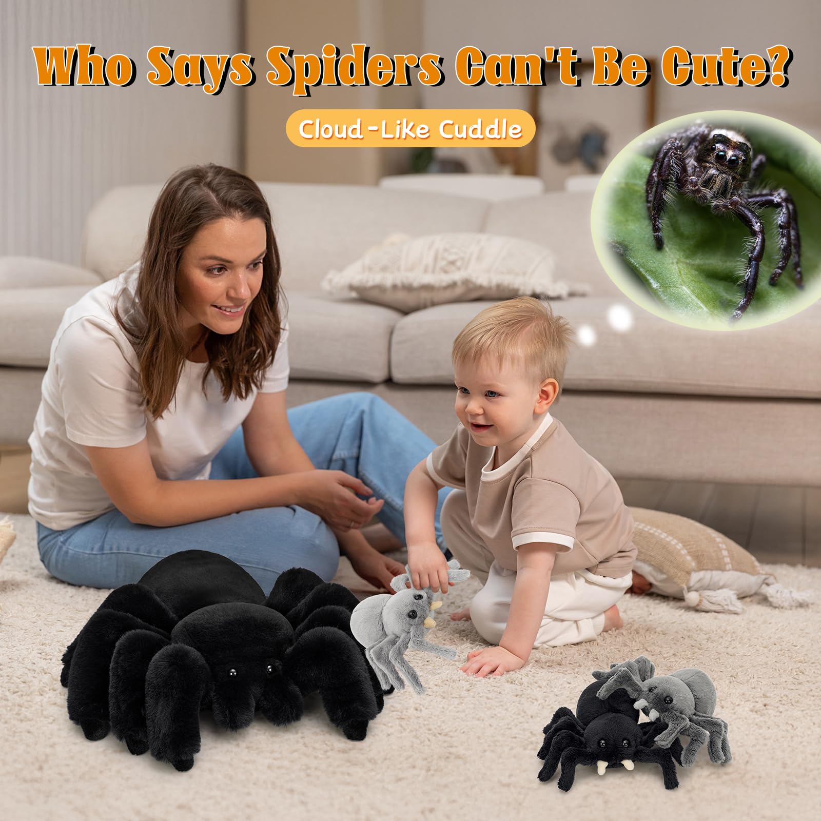 MorisMos 40cm Riesen Schwarz Spinne Kuscheltier, XXL Spinne Plüschtier mit 3 Baby im Bauch, Kawaii Groß Stofftier Weich Spielzeug, Großes Geburtstag Weihnachten Geschenk für Kinder