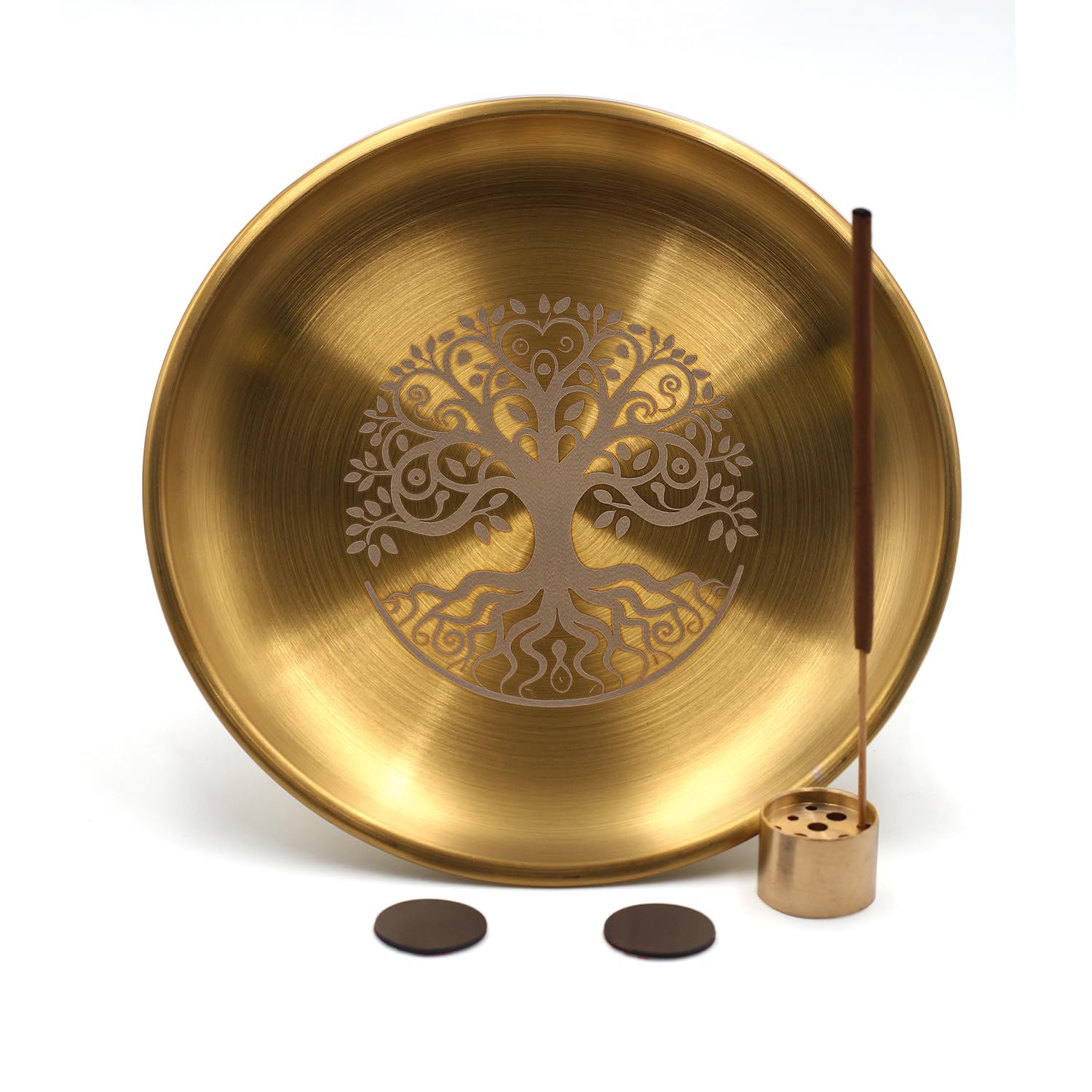 5.5inch Altar Ritual Plate Dish Stainless Steel Flat Bowl Round Metal Jewelry Tray Astrology Tarot Plate Ring Trinket Holder for Smudging Decoration Trays Gold (Tree of Life Gold)