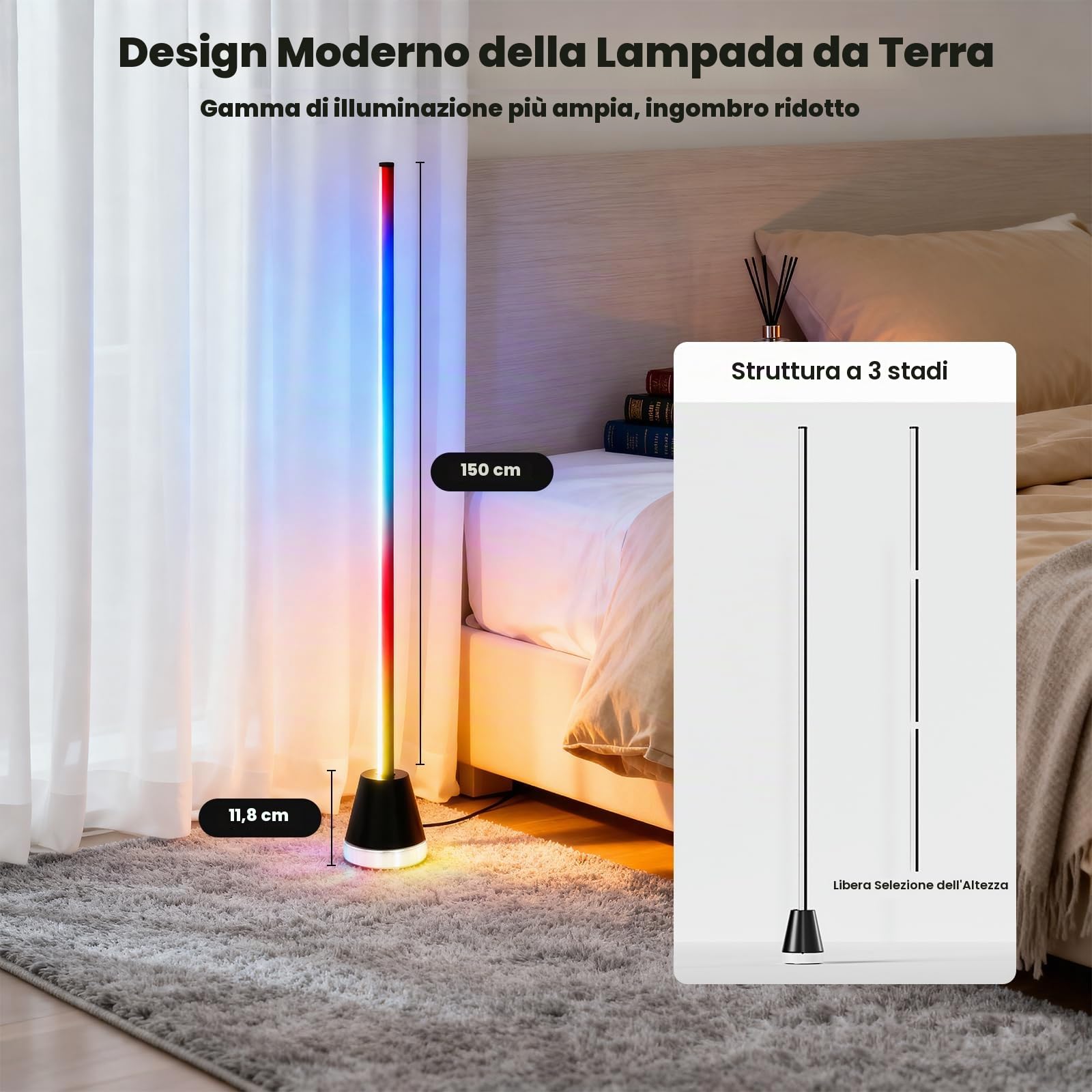 LQWELL Lampada da pavimento a LED RGBIC dimmerabile, lampada angolare intelligente da 150 cm con telecomando, APP, 16 milioni di colori, modalità musicale fai da te, funzione di temporizzazione