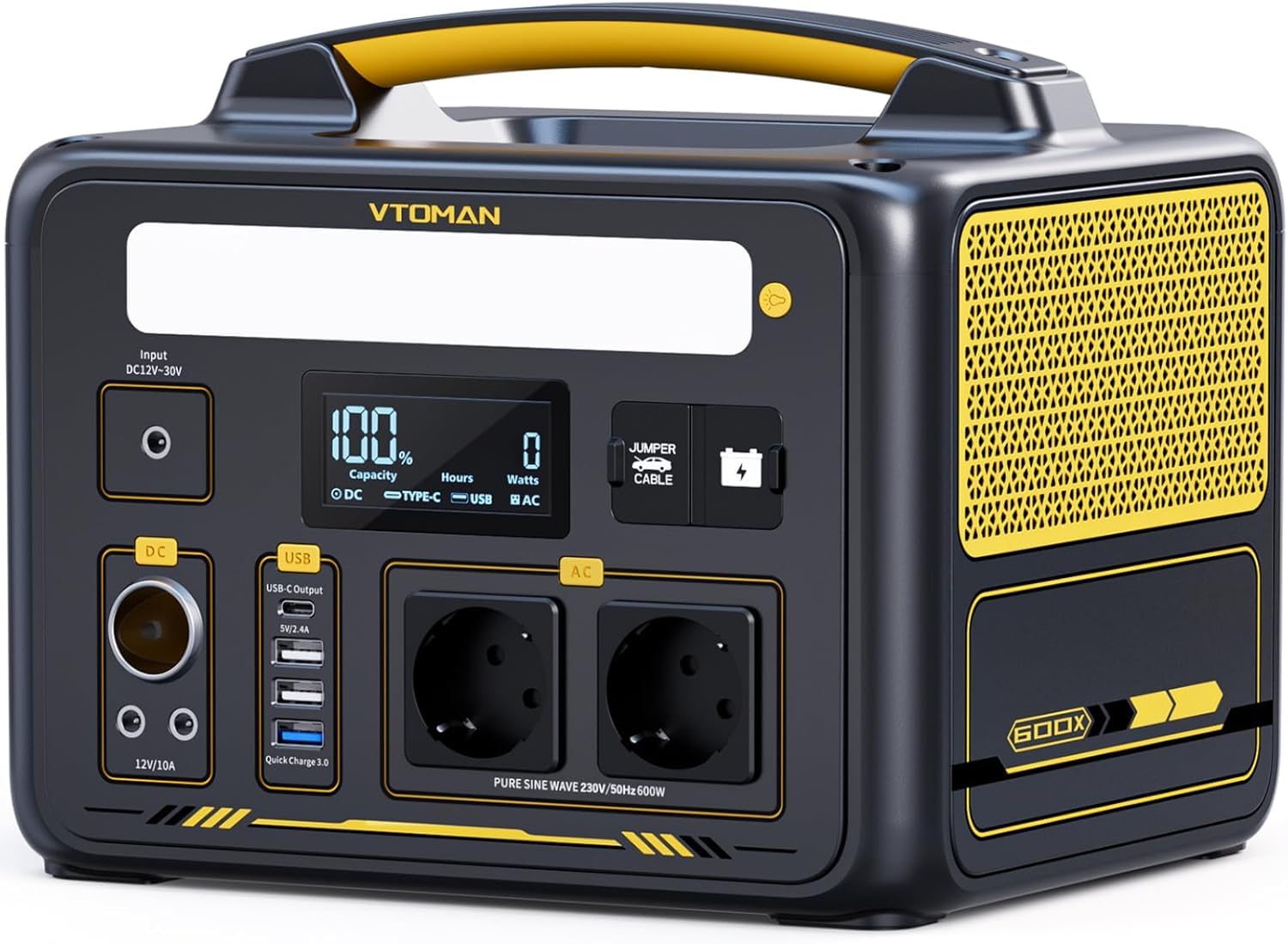 VTOMAN Jump 600X Estación de Energía Portátil, 600W/299Wh | Generador Solar, LiFePO4 Batería, 2 Salidas CC Ajustar de 12V/10A, Capacidad Ampliable a 939Wh, Acampada, Autocaravana, Pesca