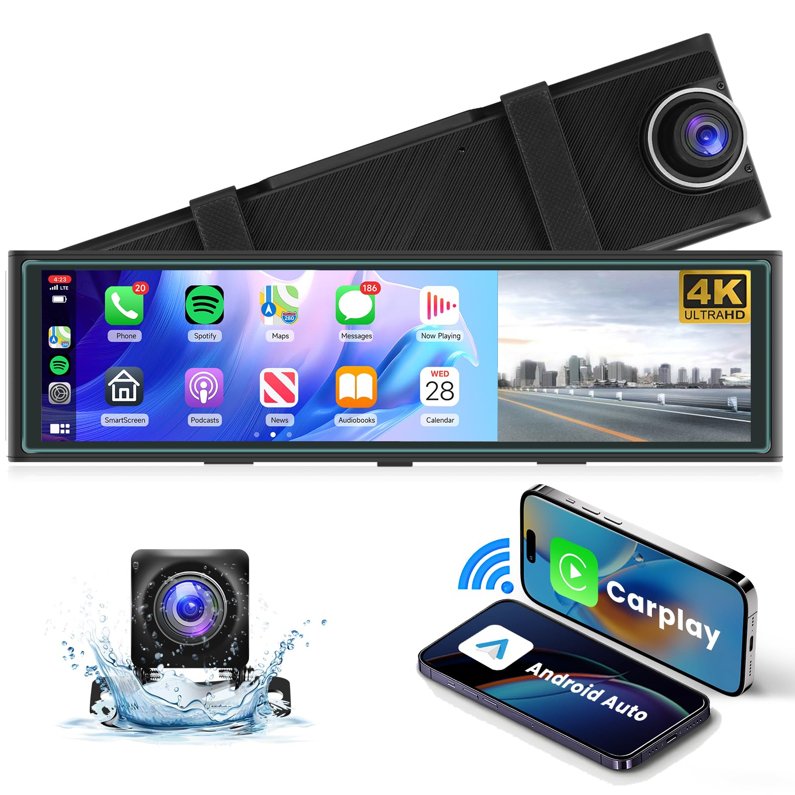 Hodozzy 4K Espejo Retrovisor Coche Dash CAM Inalámbrico Carplay Android Auto,Cámaras Visión Frontal y Trasera 1080P,Pantalla Táctil IPS de 10,99 Pulgadas con Grabación en Bucle/Airplay/AUX/FM