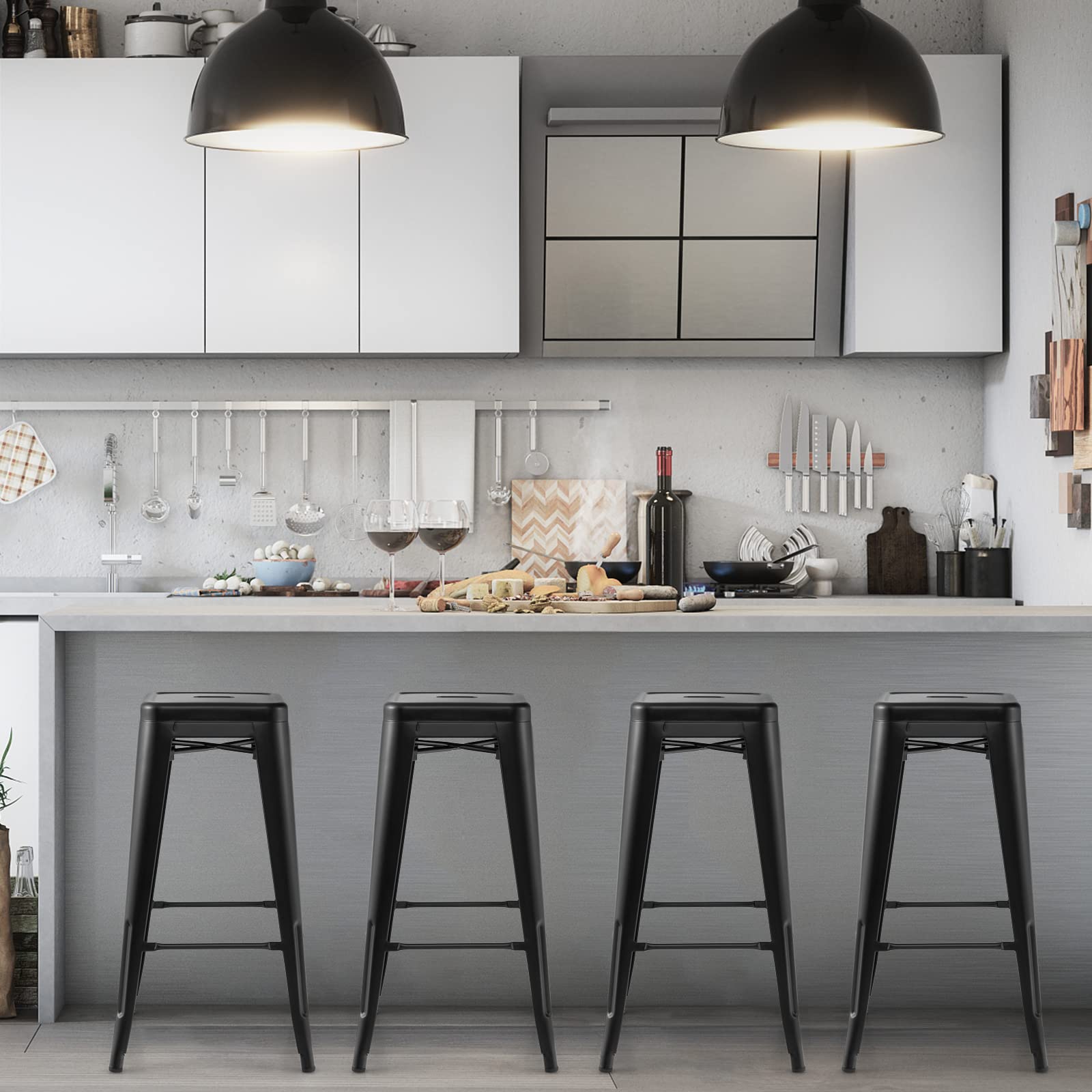 COSTWAY Bar Stools Set of 4, 30'' Bar Height Metal Stools with Rubber Footpads & Handling Hole, X-Shaped Reinforced Design, Stackable Stools, for Kitchen, Dining Room, Pub (Black, 30'')